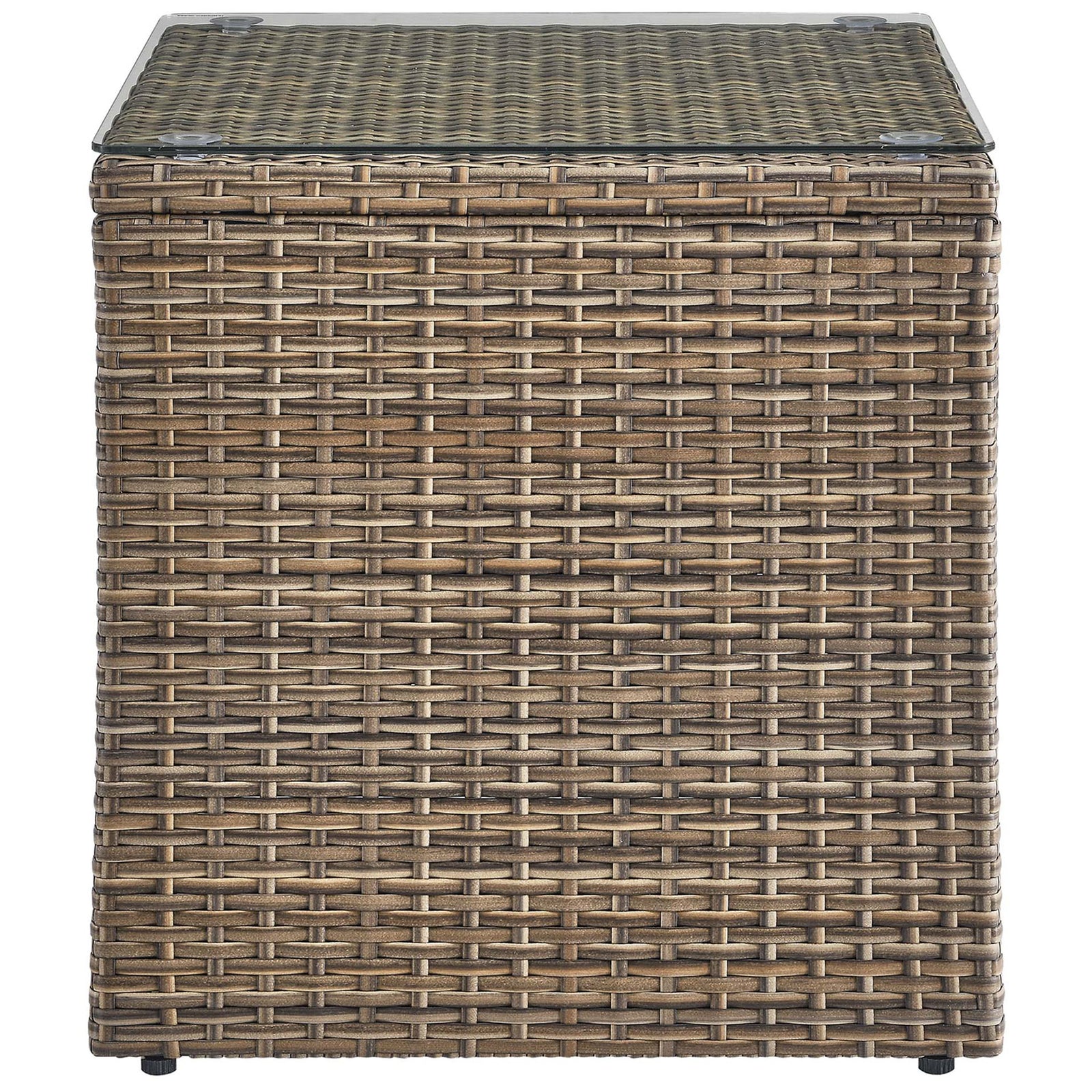 Side profile of woven brown outdoor side table with glass tabletop || EEI-6240 || side_studio