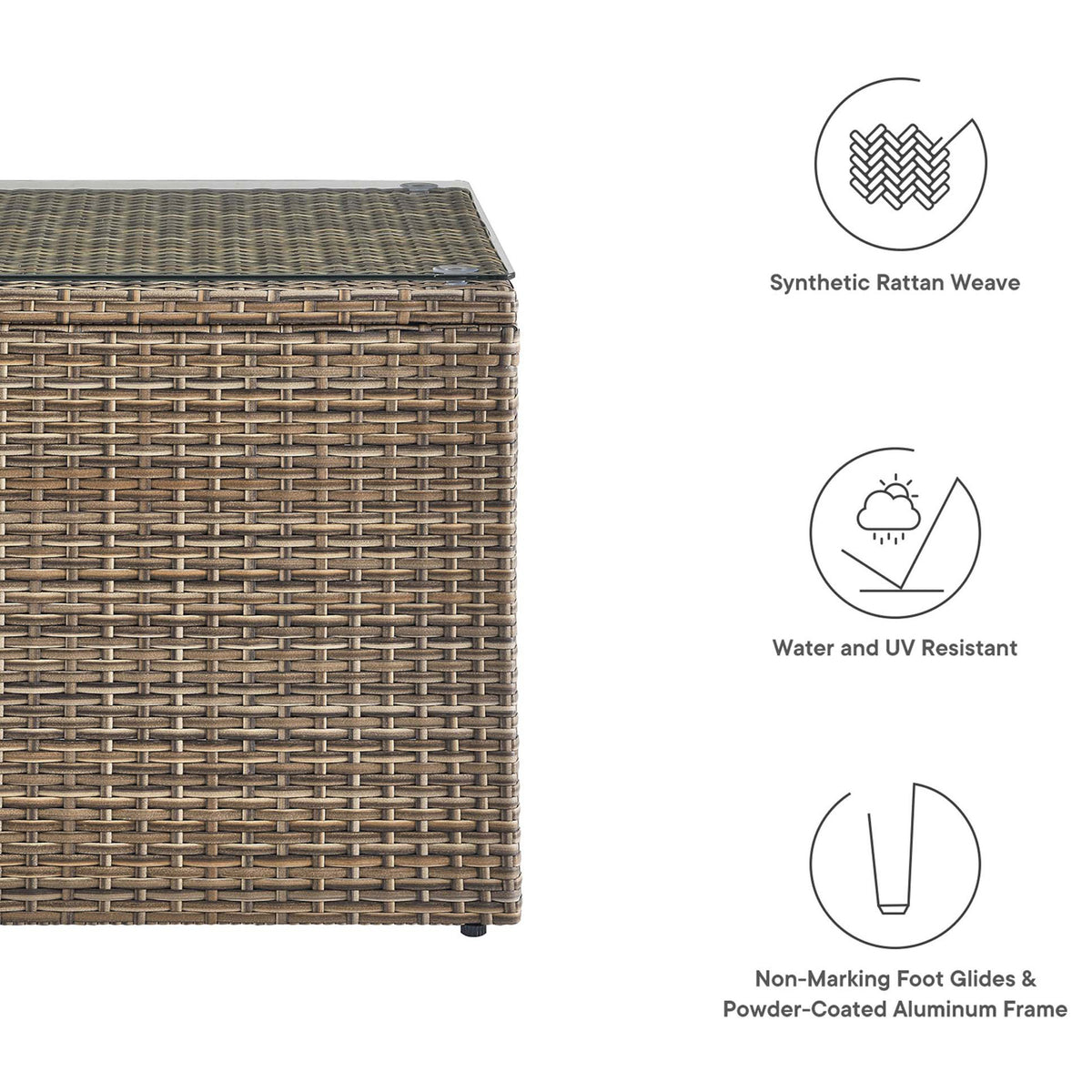 Feature highlights for durable rattan outdoor side table with UV and water resistance icons || EEI-6240 || callout_studio
