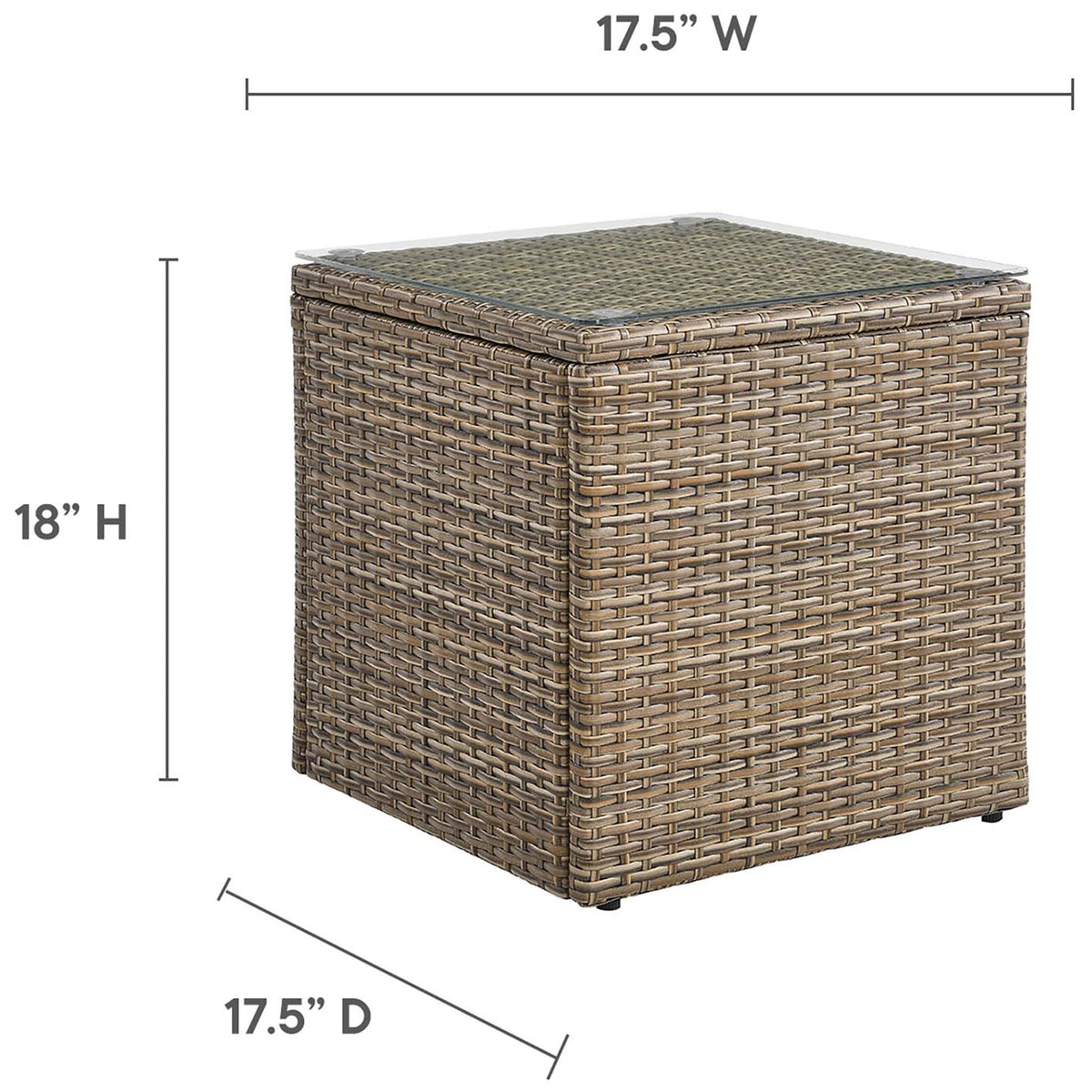Size guide for cube-shaped rattan side table showing height and width measurements || EEI-6240 || dimension_studio