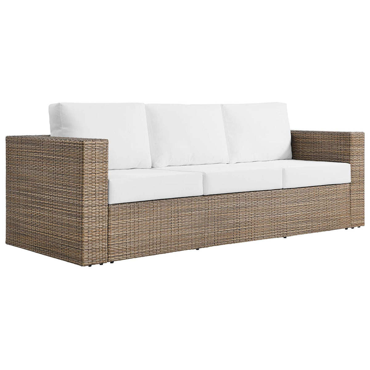 Outdoor wicker sofa showcasing the rich cappuccino weave, low profile silhouette, and plush white cushions. || EEI-6245-CAP-WHI || front_angle_studio