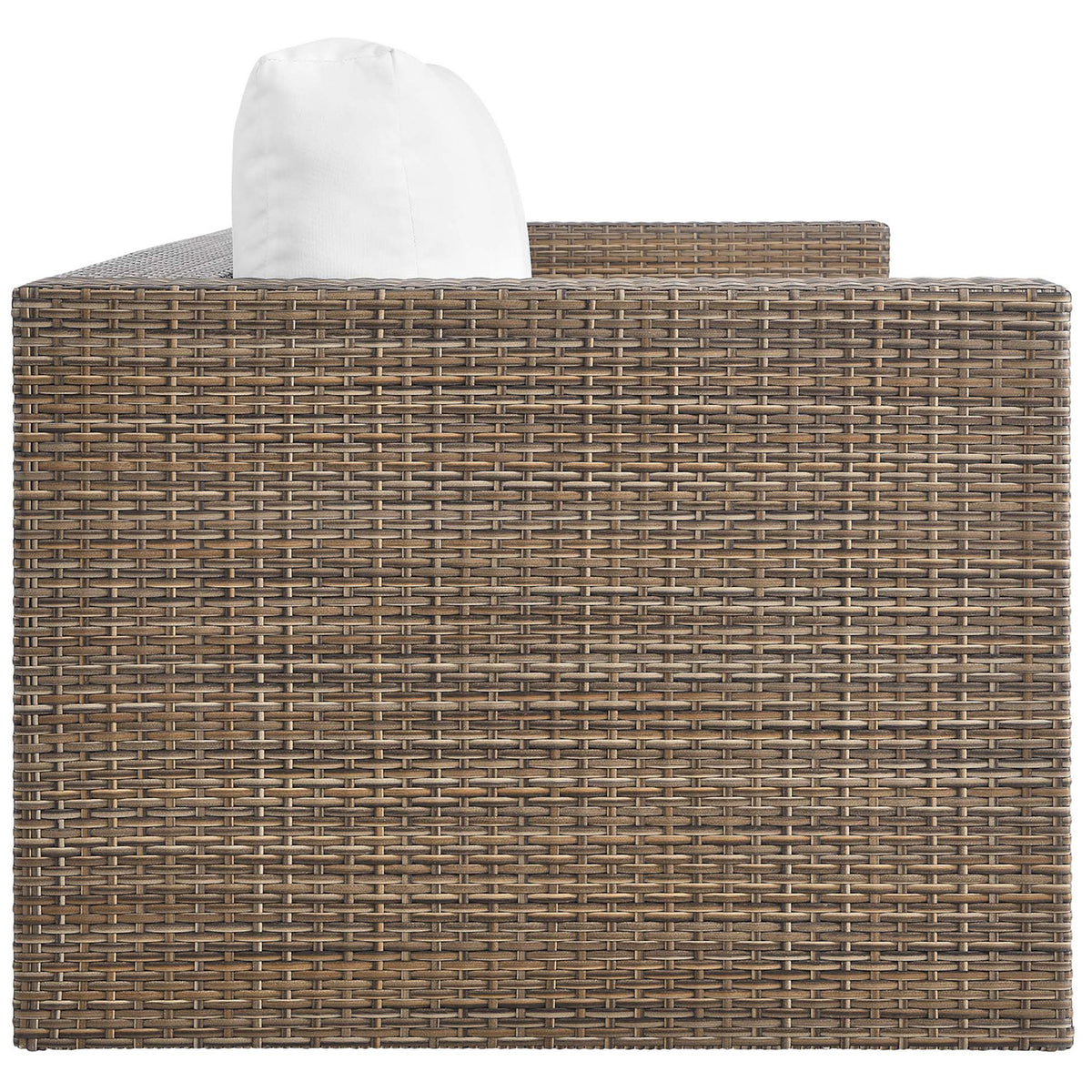 Box-arm cappuccino wicker sofa highlighting the tightly woven rattan texture and thick white seat cushions. || EEI-6245-CAP-WHI || side_studio