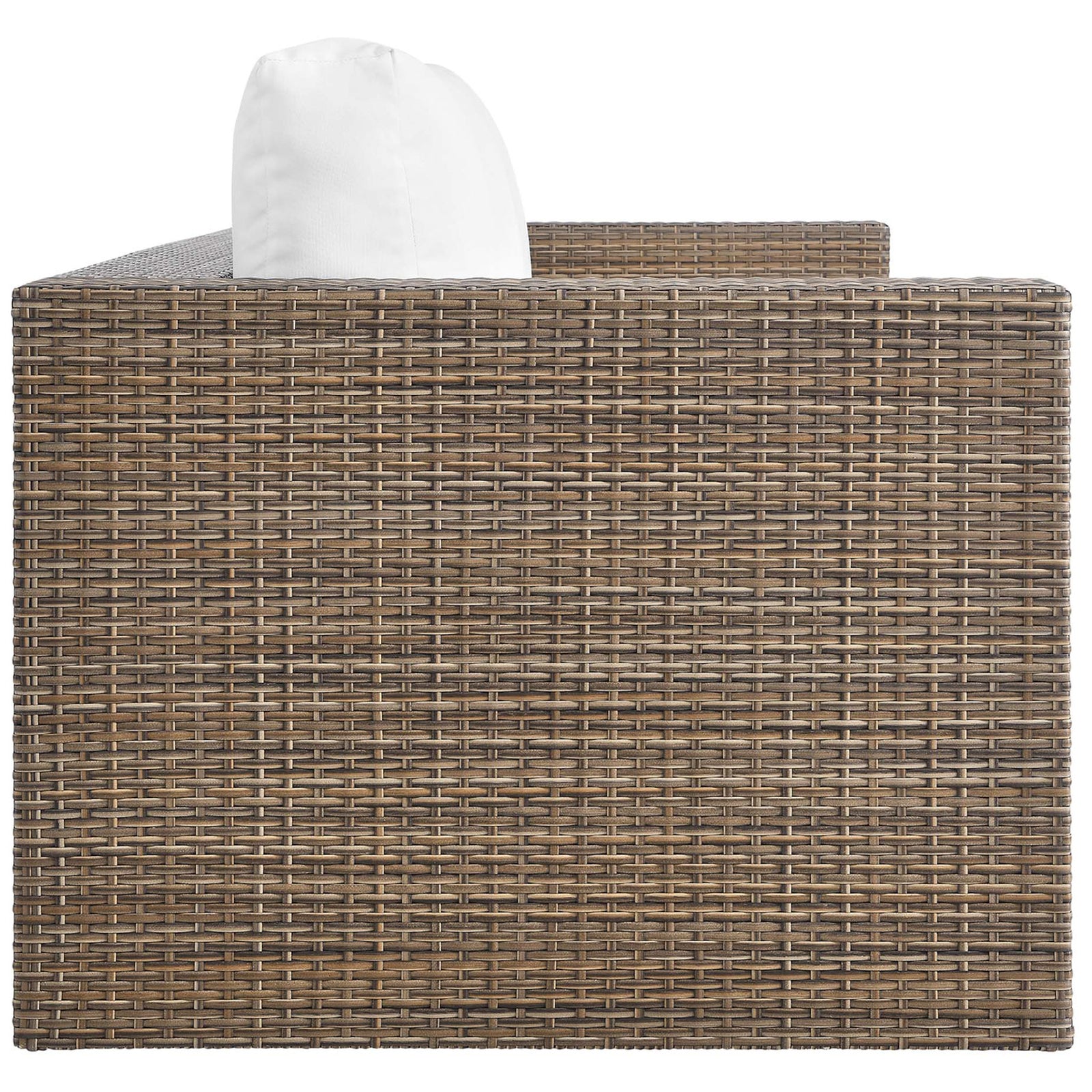 Box-arm cappuccino wicker sofa highlighting the tightly woven rattan texture and thick white seat cushions. || EEI-6245-CAP-WHI || side_studio