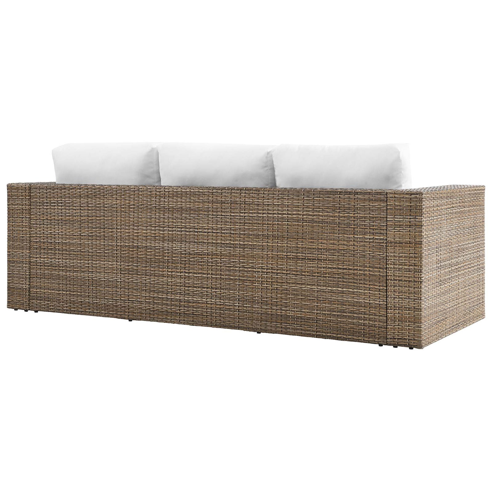 Cappuccino wicker outdoor sofa with seamless woven back and clean modern lines for a refined patio look. || EEI-6245-CAP-WHI || back_angle_studio