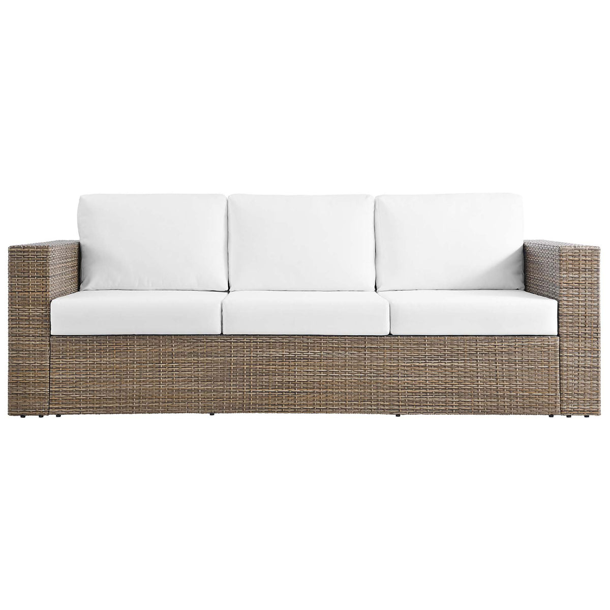 Convene outdoor sofa in cappuccino wicker with thick white all-weather cushions and wide track arms. || EEI-6245-CAP-WHI || front_studio