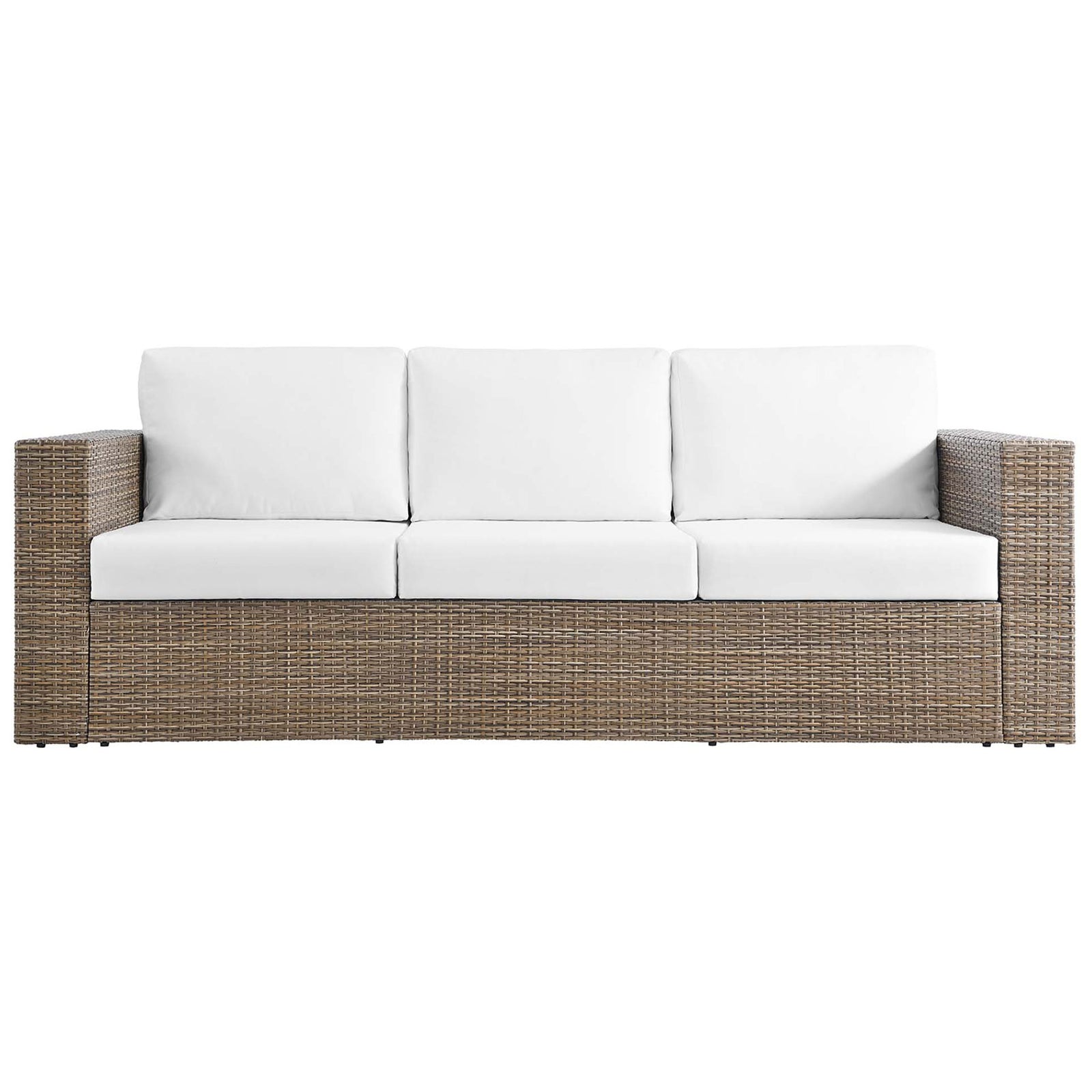 Convene outdoor sofa in cappuccino wicker with thick white all-weather cushions and wide track arms. || EEI-6245-CAP-WHI || front_studio