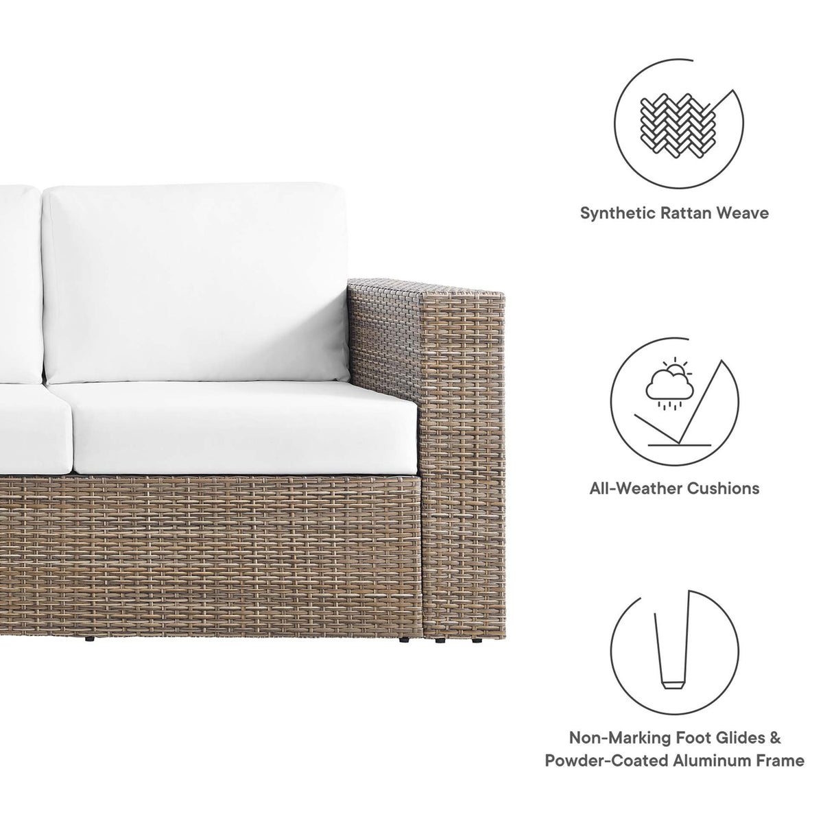 Feature callouts for the Convene patio sofa including synthetic rattan weave and cushioned all-weather comfort. || EEI-6245-CAP-WHI || callout_studio