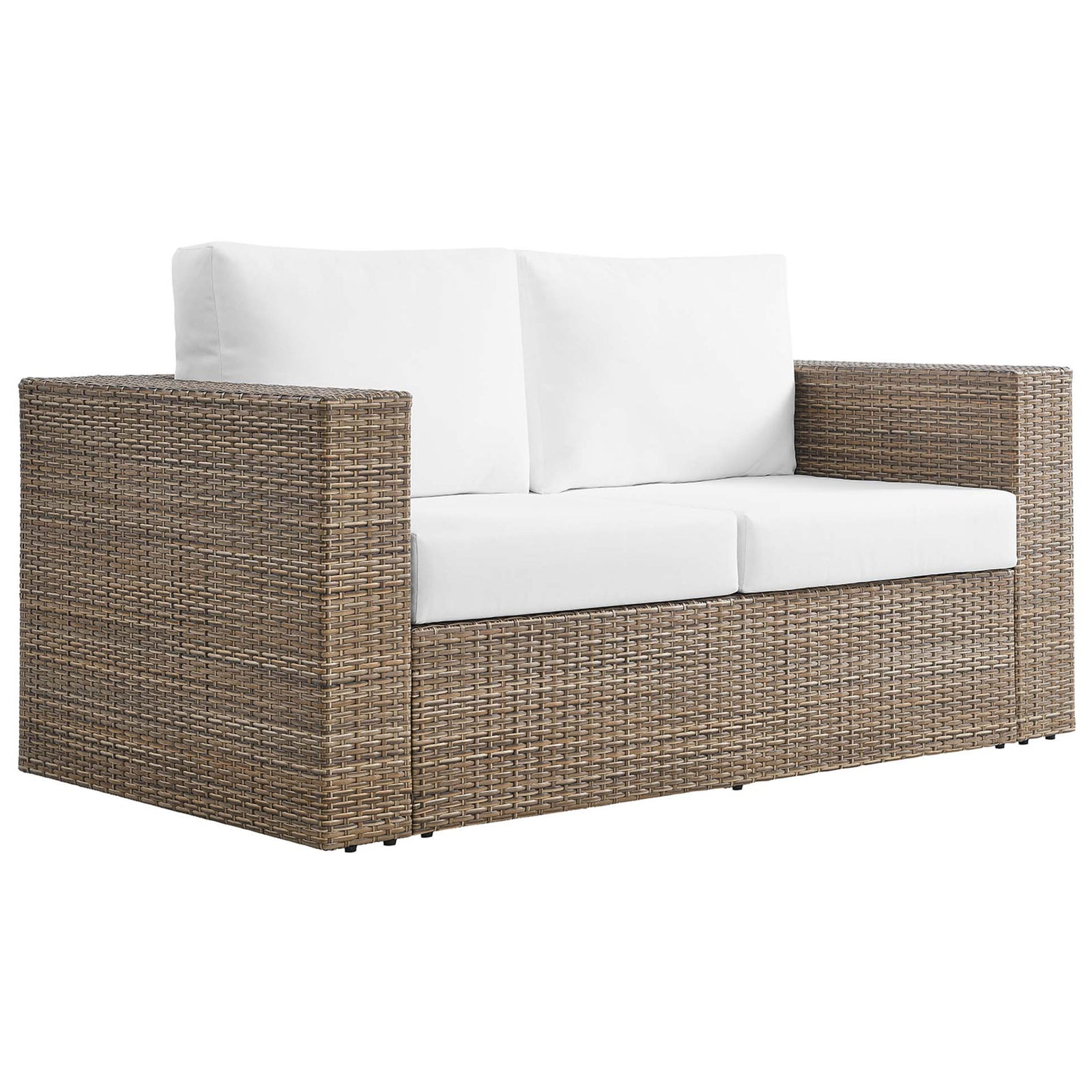 Cappuccino wicker outdoor loveseat with crisp white cushions brings clean-lined comfort to your patio || EEI-6246-CAP-WHI || front_angle_studio