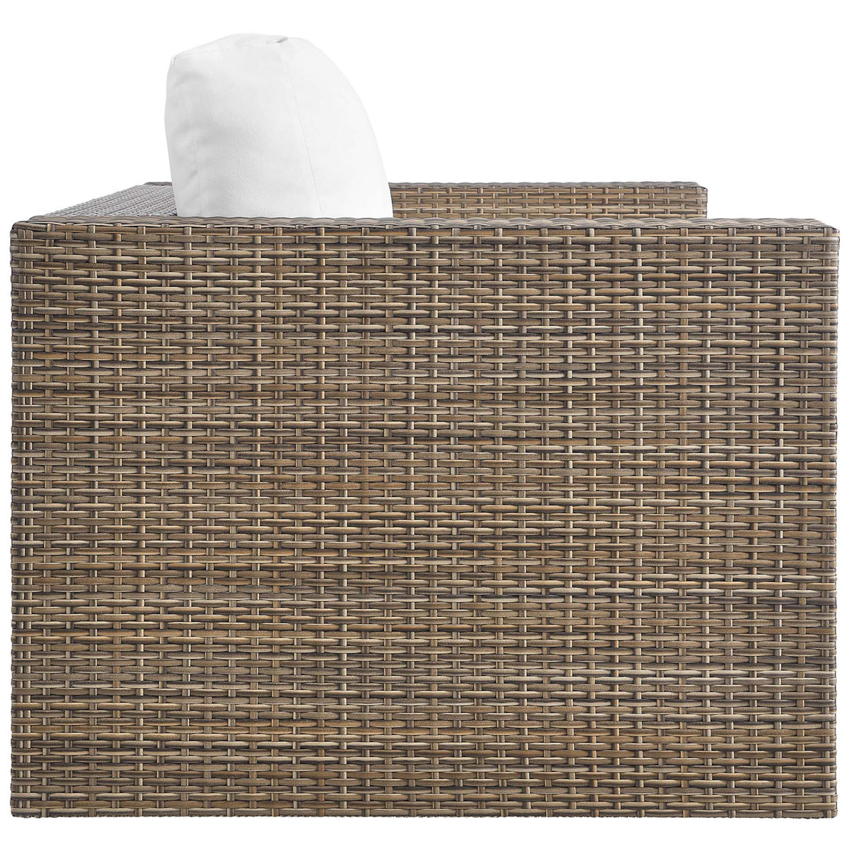 Boxy arm design and woven cappuccino rattan highlight this modern outdoor loveseat silhouette || EEI-6246-CAP-WHI || side_studio