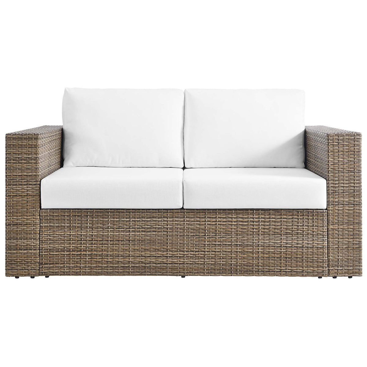 Cappuccino rattan loveseat with plush white seat and back cushions offers inviting outdoor seating for two || EEI-6246-CAP-WHI || front_studio
