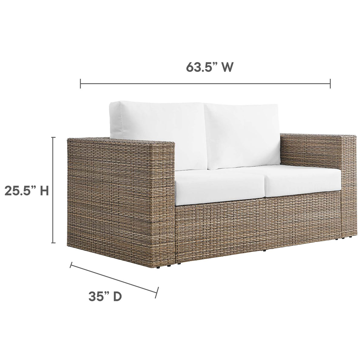 Dimension diagram shows the loveseat's compact footprint with labeled width, depth, and height for easy planning || EEI-6246-CAP-WHI || dimension_studio