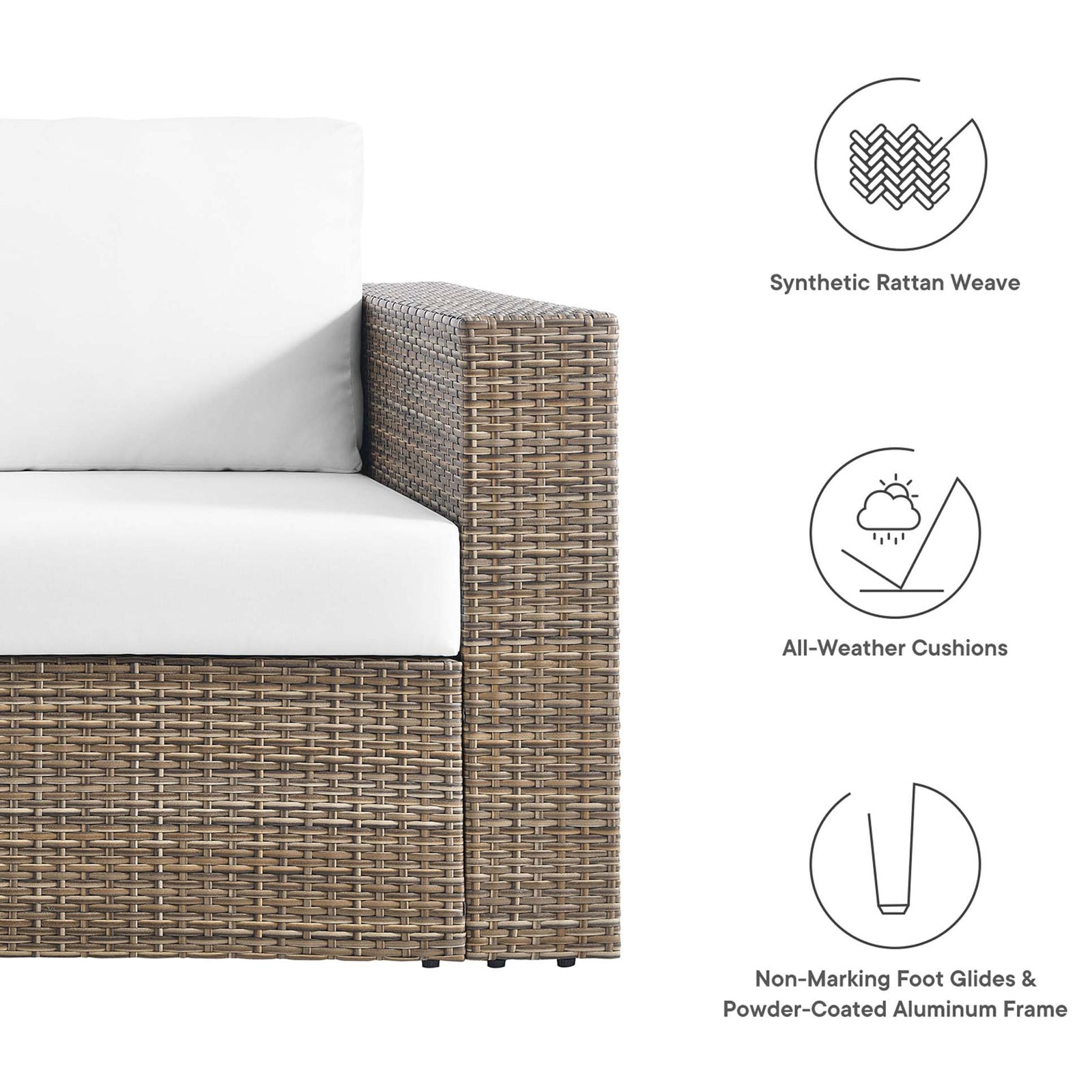 Feature icons highlight the synthetic rattan weave, all-weather cushions, and durable powder coated frame || EEI-6246-CAP-WHI || callout_studio