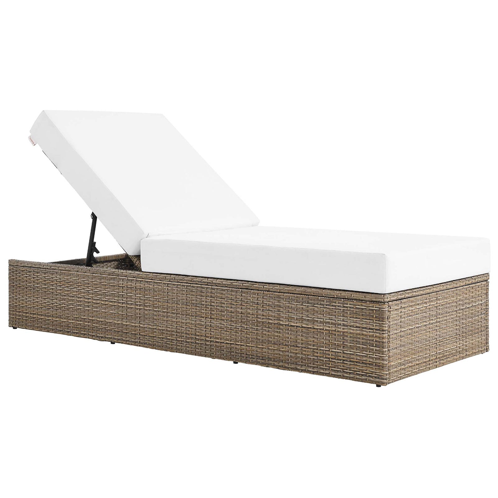 Modern cappuccino rattan chaise lounge with adjustable backrest and thick removable white cushions || EEI-6247-CAP-WHI || front_angle_converted_studio