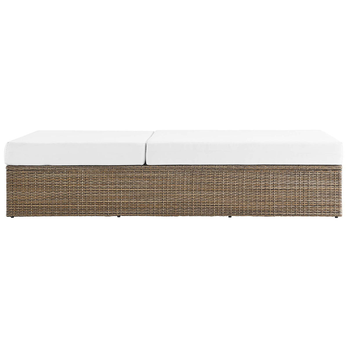 Low-profile outdoor chaise lounge with flat cushioned surface and tightly woven cappuccino frame || EEI-6247-CAP-WHI || side_studio