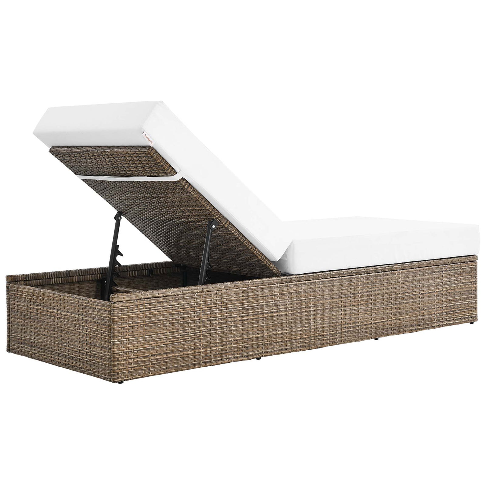 Adjustable outdoor chaise lounge highlighting woven rattan texture, reclining back support, and streamlined base || EEI-6247-CAP-WHI || back_angle_converted_studio