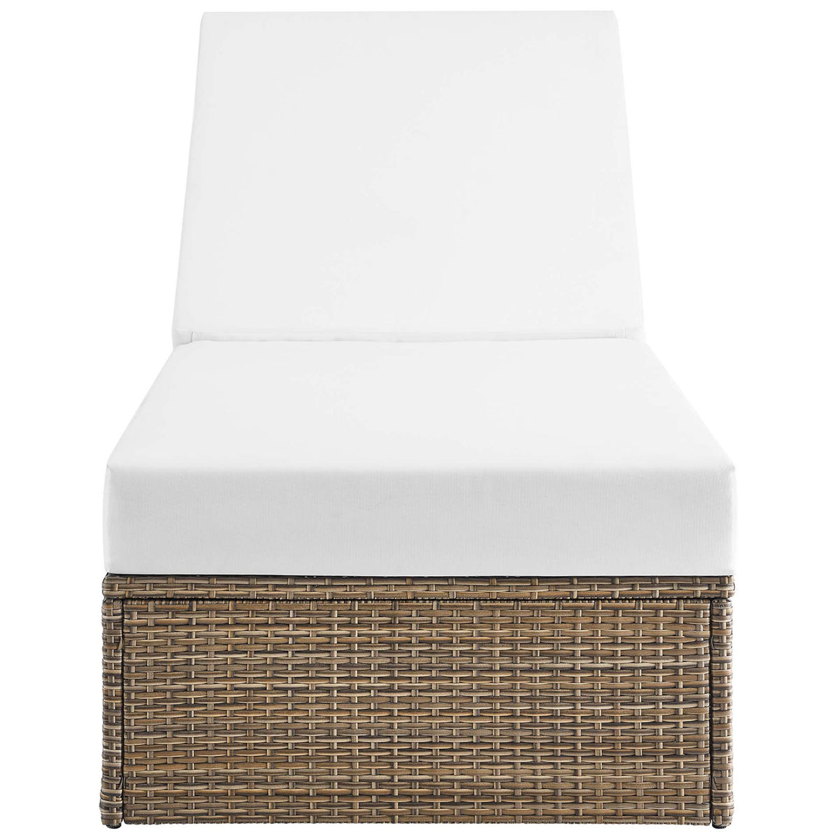 Adjustable outdoor wicker chaise lounge with plush white cushions and clean, low-profile silhouette || EEI-6247-CAP-WHI || front_converted_studio