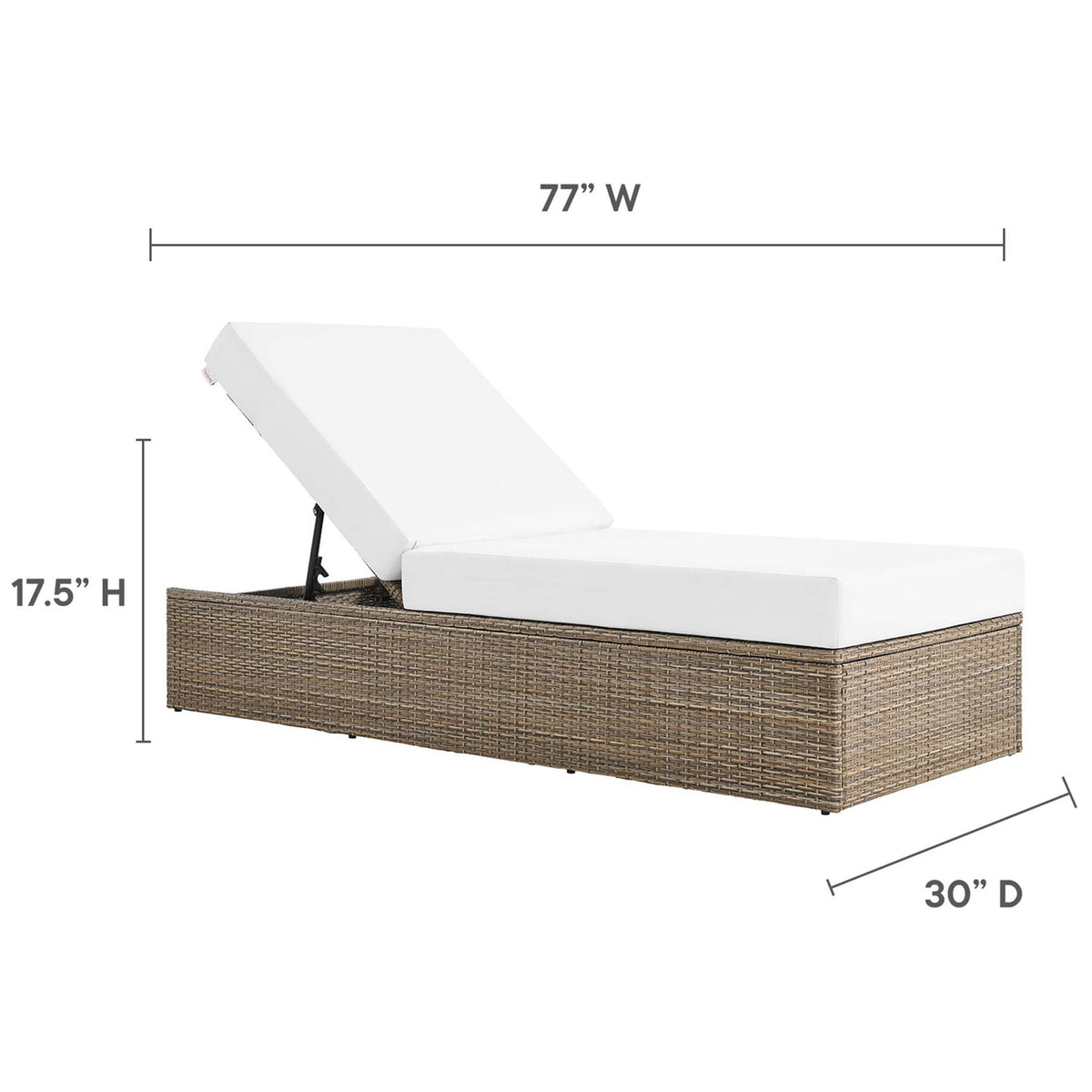 Chaise lounge dimensions showing generous 77 inch length, 30 inch width, and 17.5 inch height for spacious lounging || EEI-6247-CAP-WHI || dimension_studio