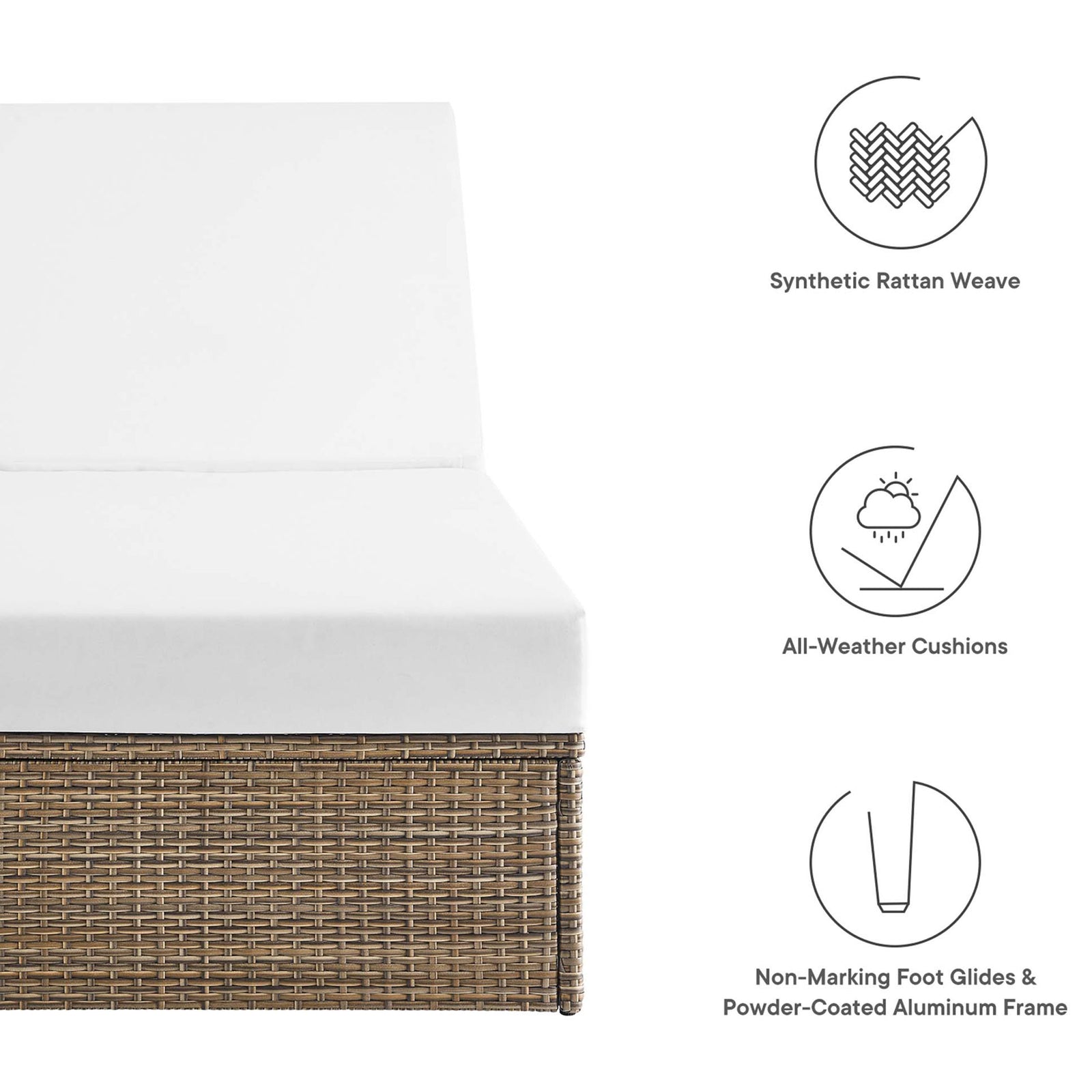 Key features of the Convene chaise lounge including synthetic rattan weave, all-weather cushions, and foot glides || EEI-6247-CAP-WHI || callout_studio