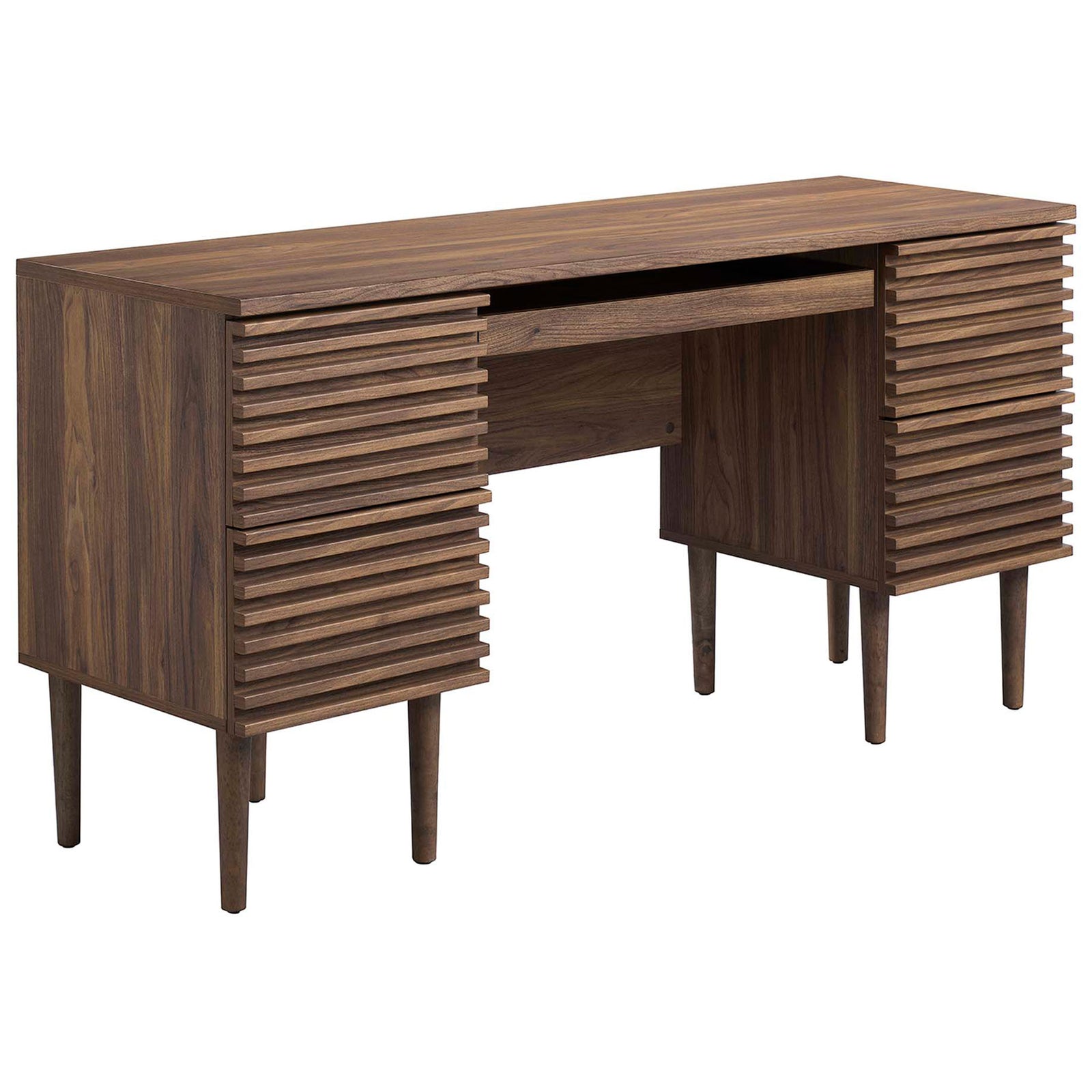 Mid-century walnut desk with slatted drawer fronts and tapered legs, offering a streamlined workspace || EEI-6254-WAL || front_angle_studio