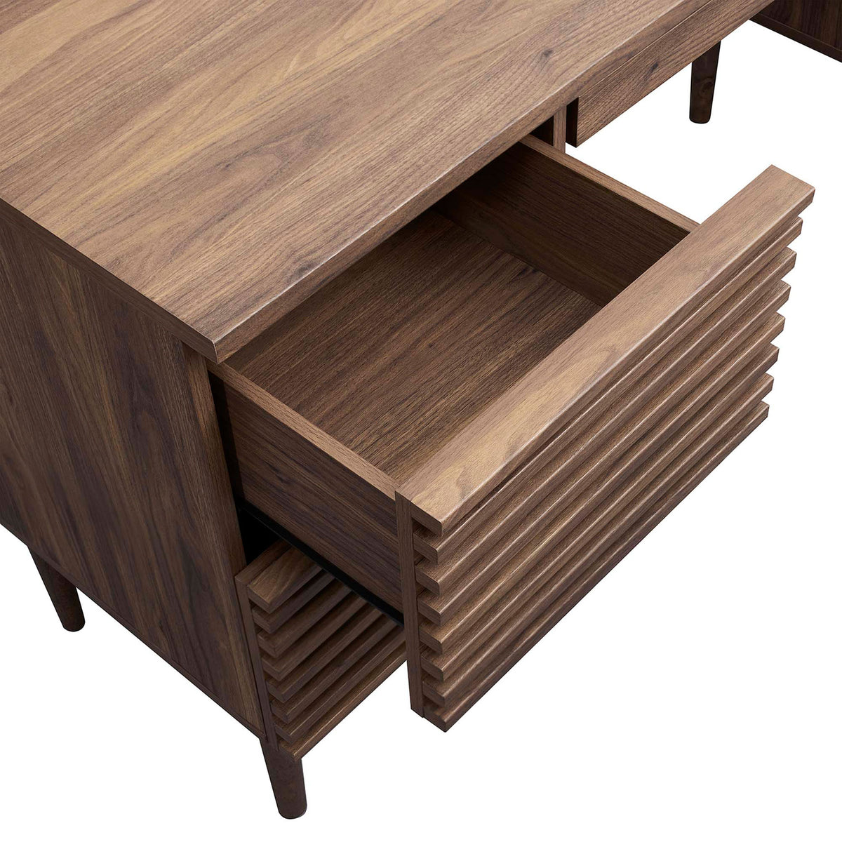 Roomy drawer with wood grain interior and ribbed front detail keeps essentials within easy reach || EEI-6254-WAL || storage_open_studio