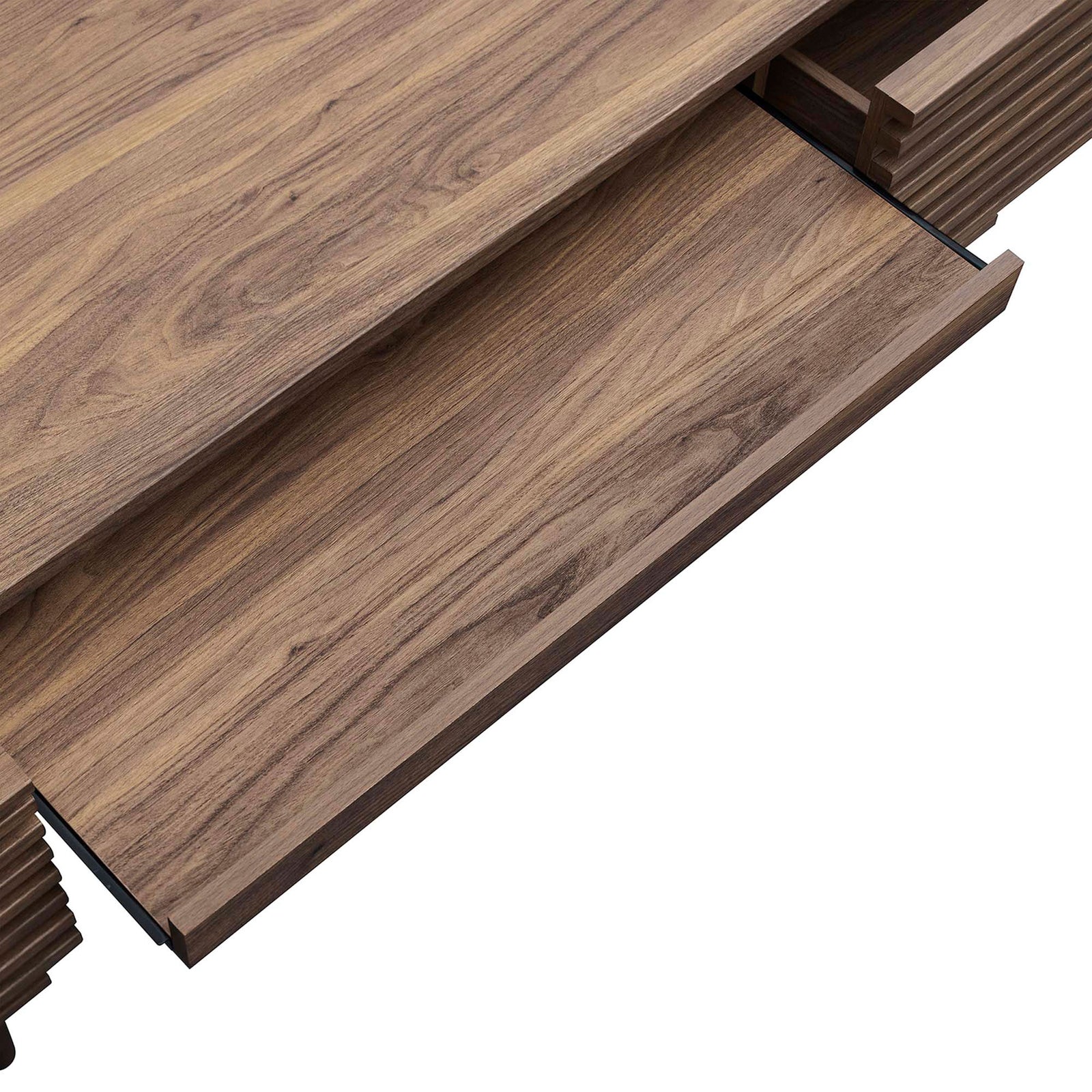 Smooth-glide keyboard tray extends to create ergonomic typing space beneath the desktop || EEI-6254-WAL || storage_open_studio
