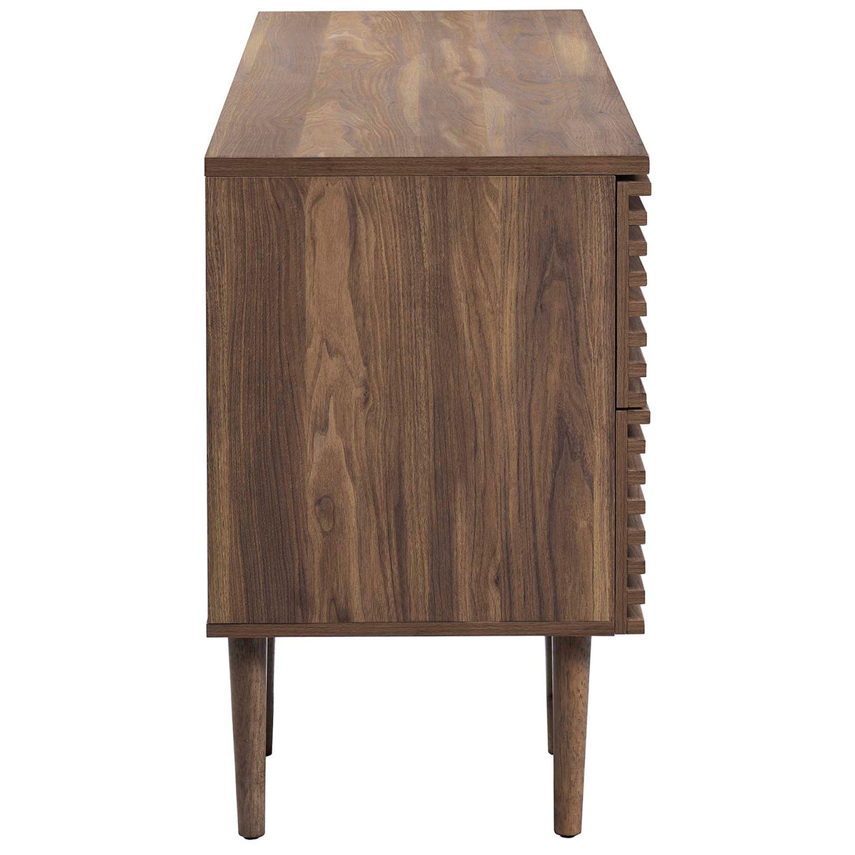 Clean-lined profile in walnut grain laminate with tapered wood legs and textured drawer faces || EEI-6254-WAL || side_studio