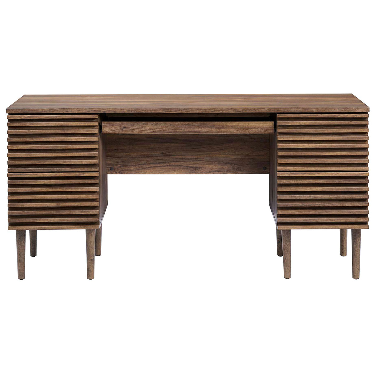 Balanced design with dual drawer banks and open knee space for comfortable seating and storage || EEI-6254-WAL || front_studio