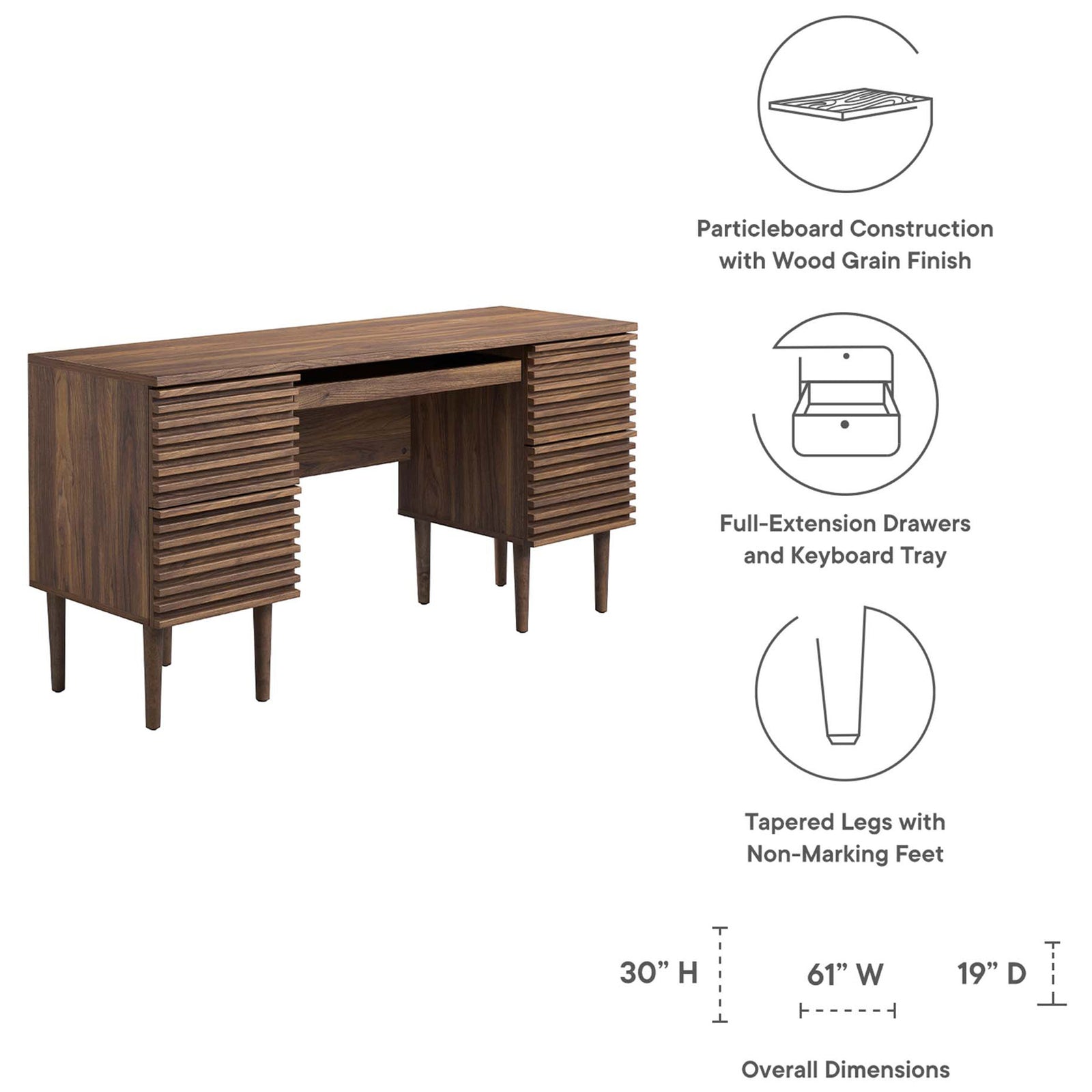 Spacious 61-inch-wide walnut desk with full-extension drawers, keyboard tray, and tapered legs || EEI-6254-WAL || dimension_studio