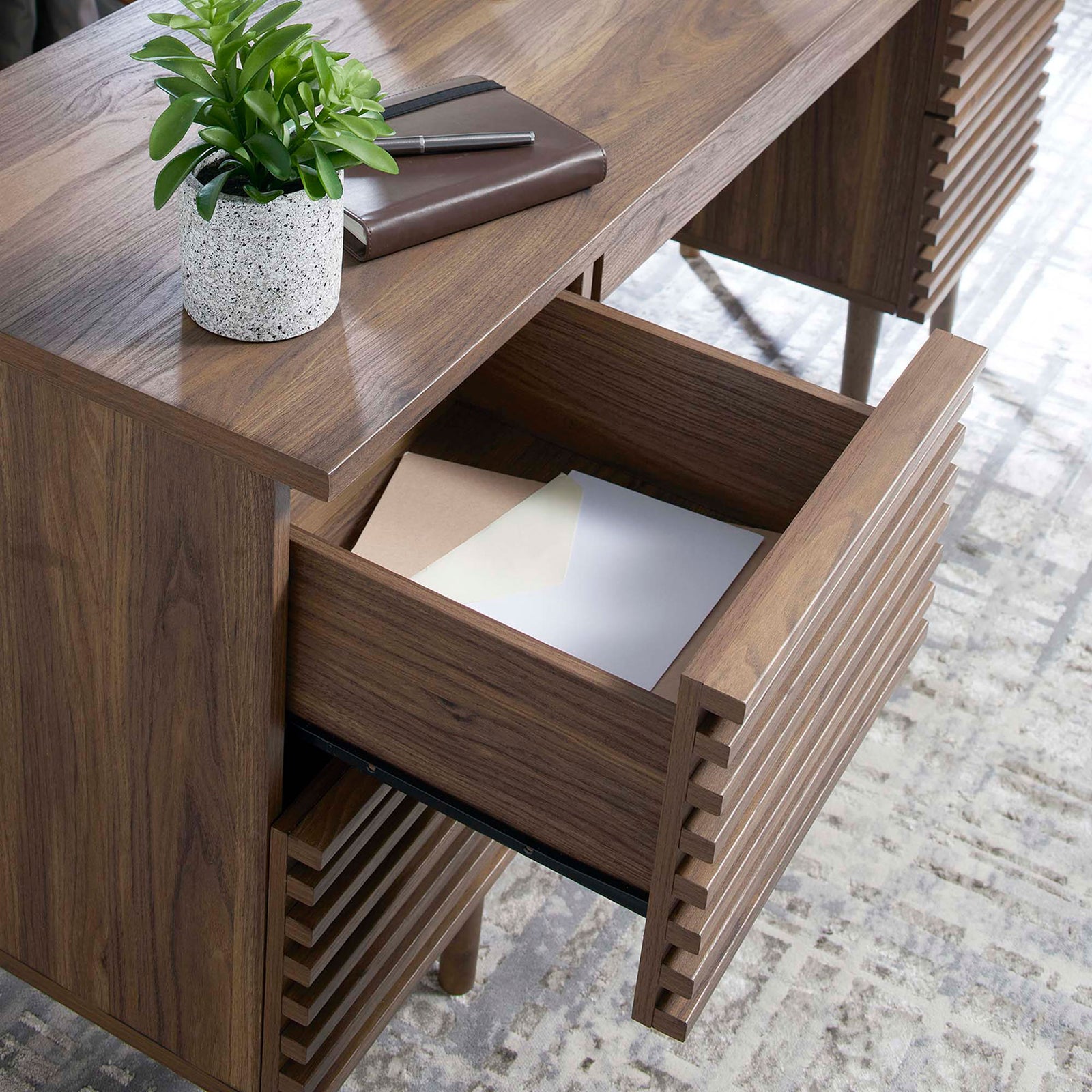 Open drawer glides smoothly to organize files as rich walnut grain complements modern decor || EEI-6254-WAL || storage_open_room