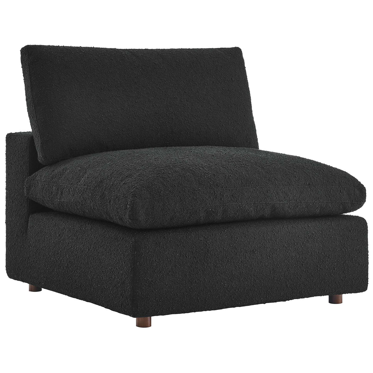Plush black boucle armless chair with deep seat and overstuffed cushions for lounge-worthy comfort || EEI-6257-BLK || front_angle_studio