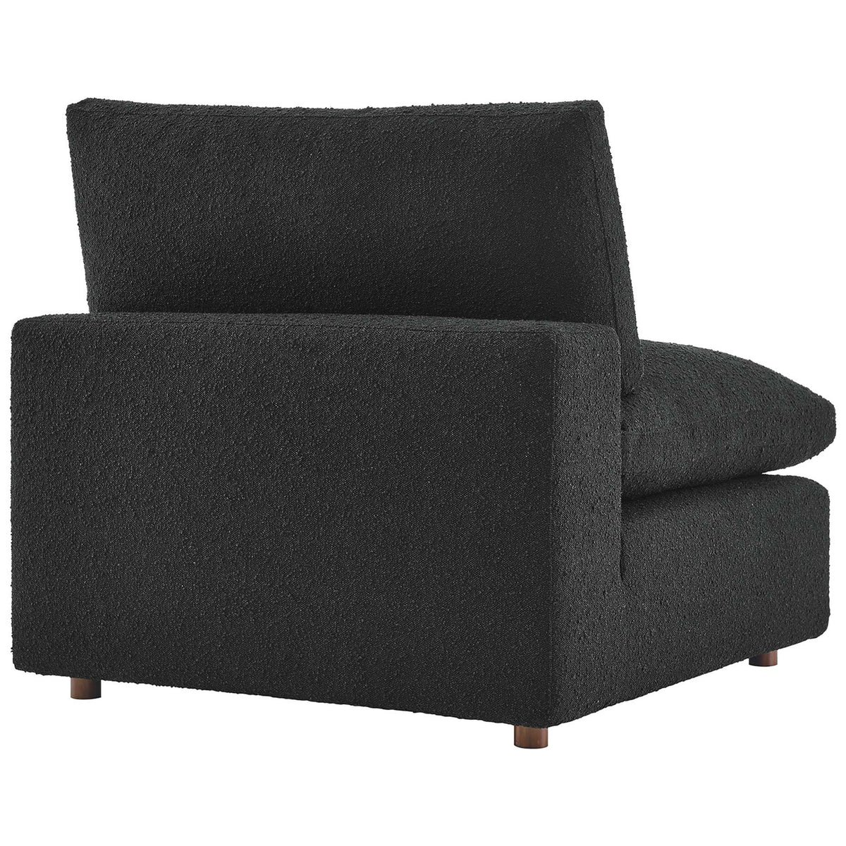 Clean-lined armless frame with soft back cushion and subtle wood feet in rich black boucle || EEI-6257-BLK || back_angle_studio