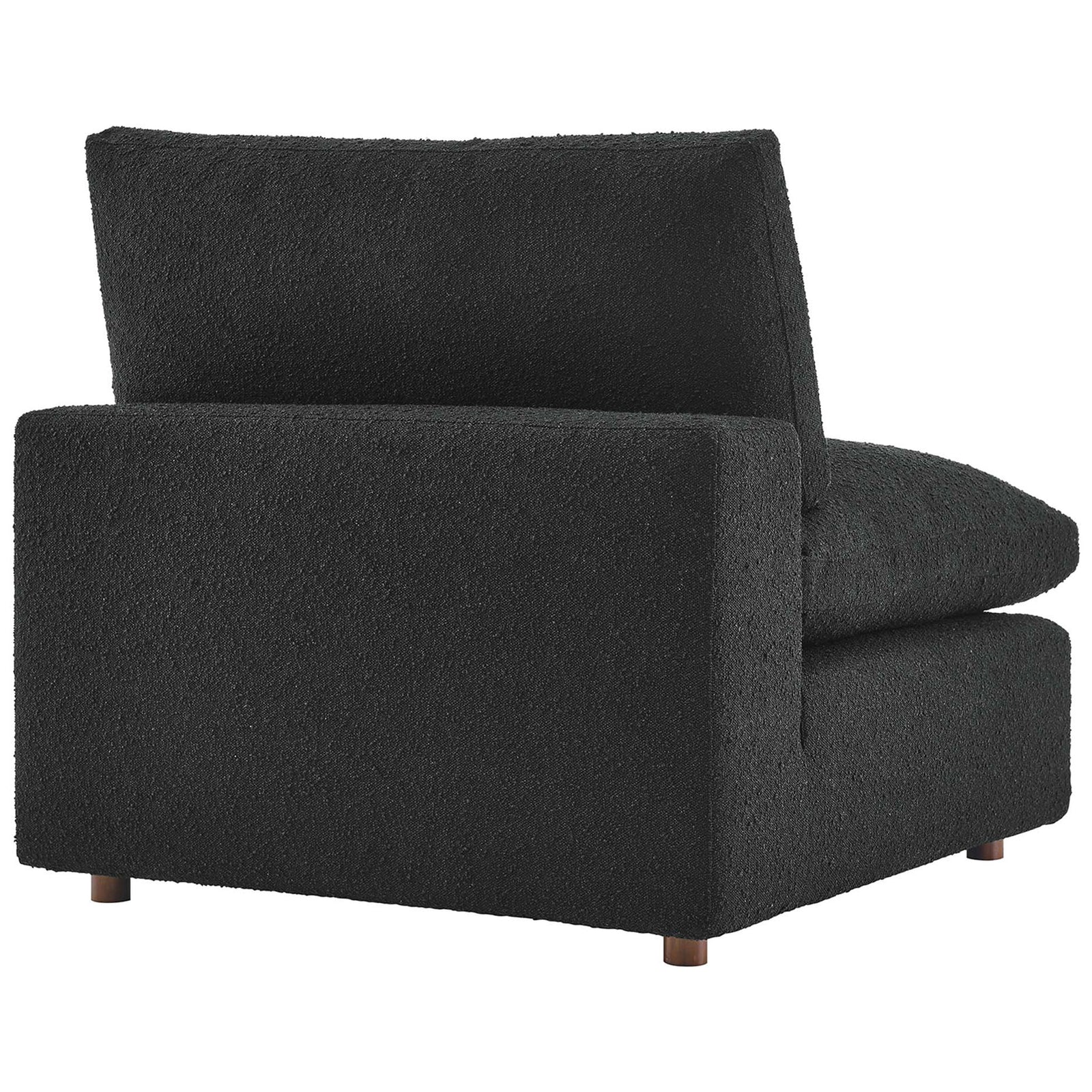 Clean-lined armless frame with soft back cushion and subtle wood feet in rich black boucle || EEI-6257-BLK || back_angle_studio
