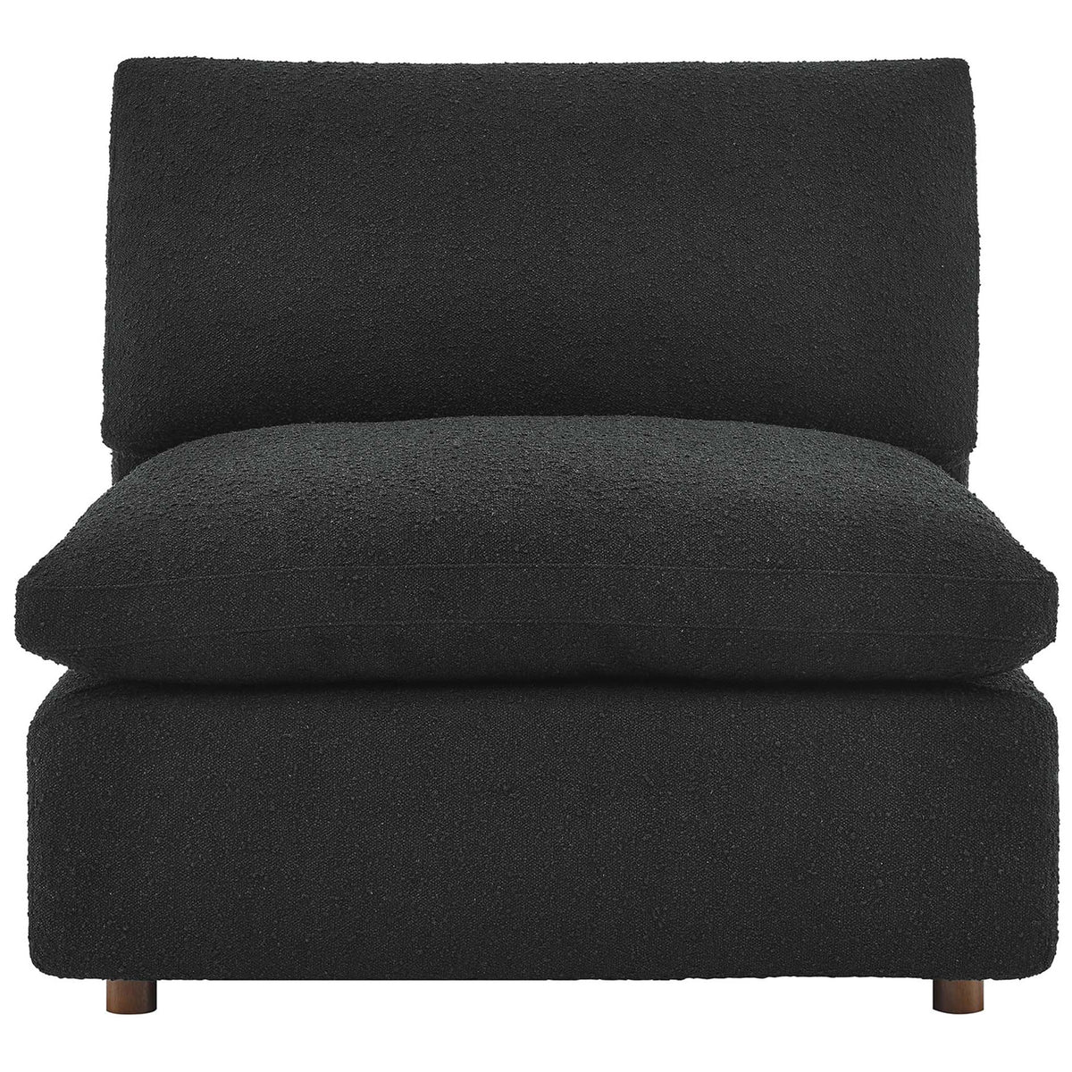 Modern armless chair with sink-in down-filled cushions and cozy boucle texture in black || EEI-6257-BLK || front_studio