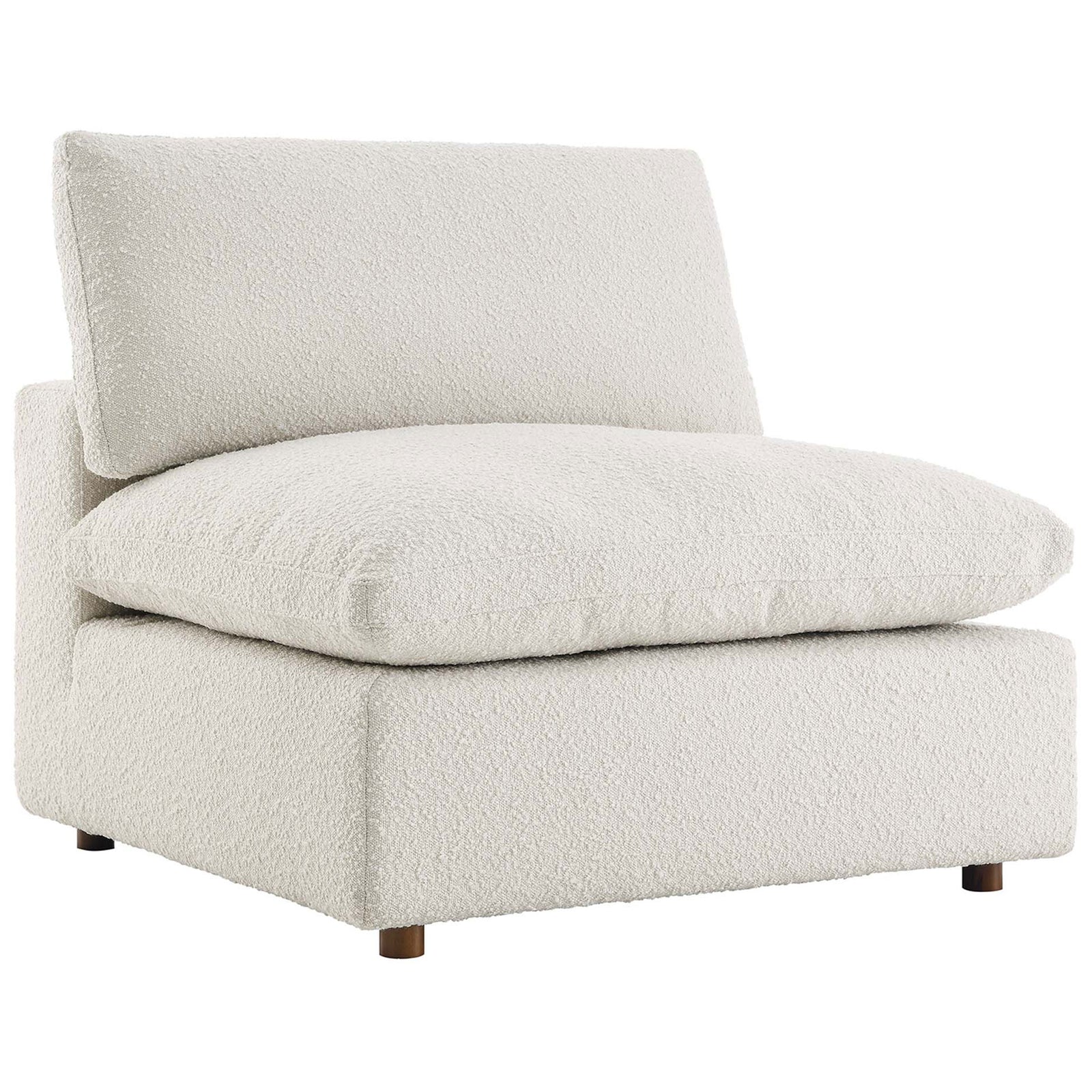 Modern armless silhouette with deep seat and cozy ivory boucle texture || EEI-6257-IVO || front_angle_studio