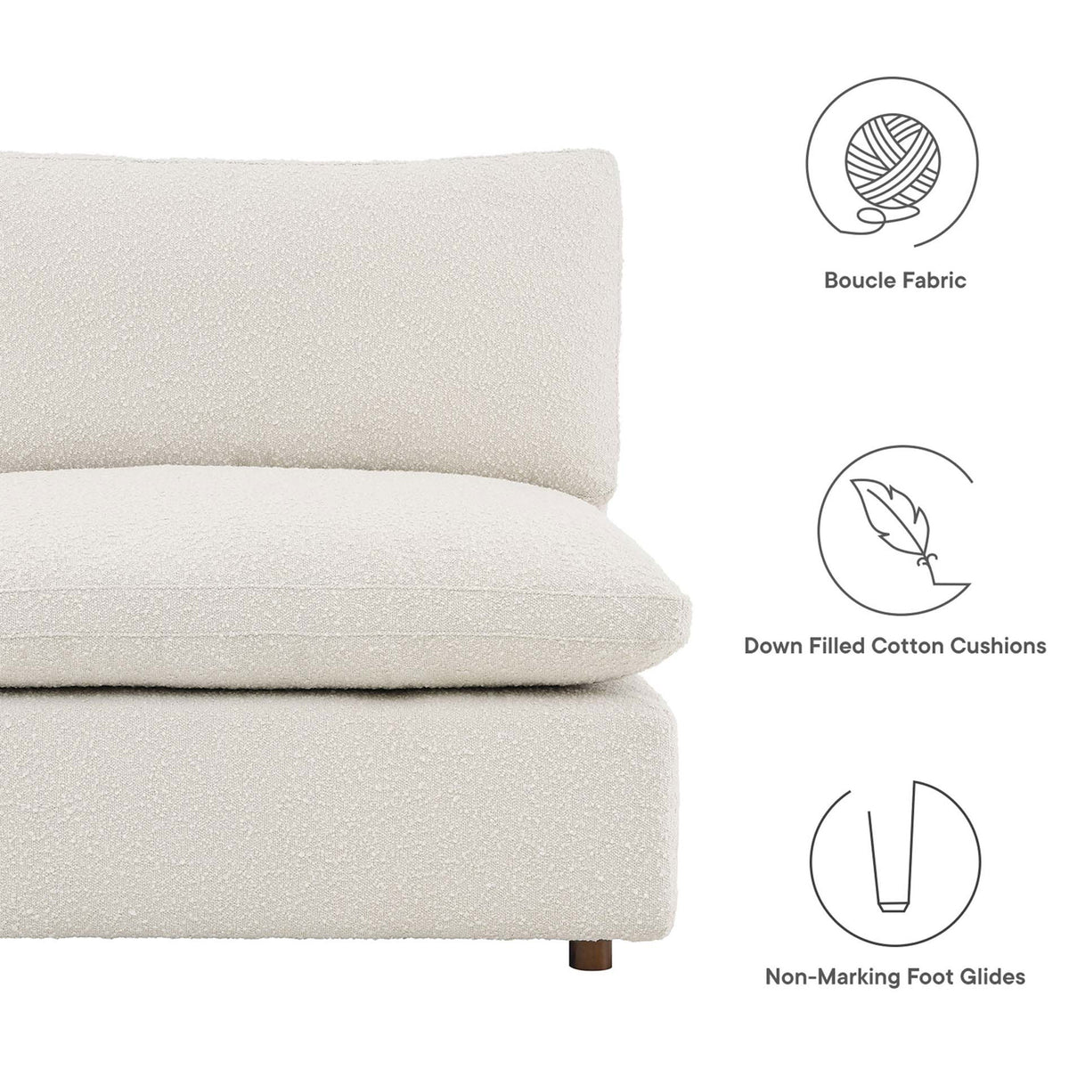 Boucle fabric and down-filled cushions create indulgent comfort for everyday lounging || EEI-6257-IVO || callout_studio