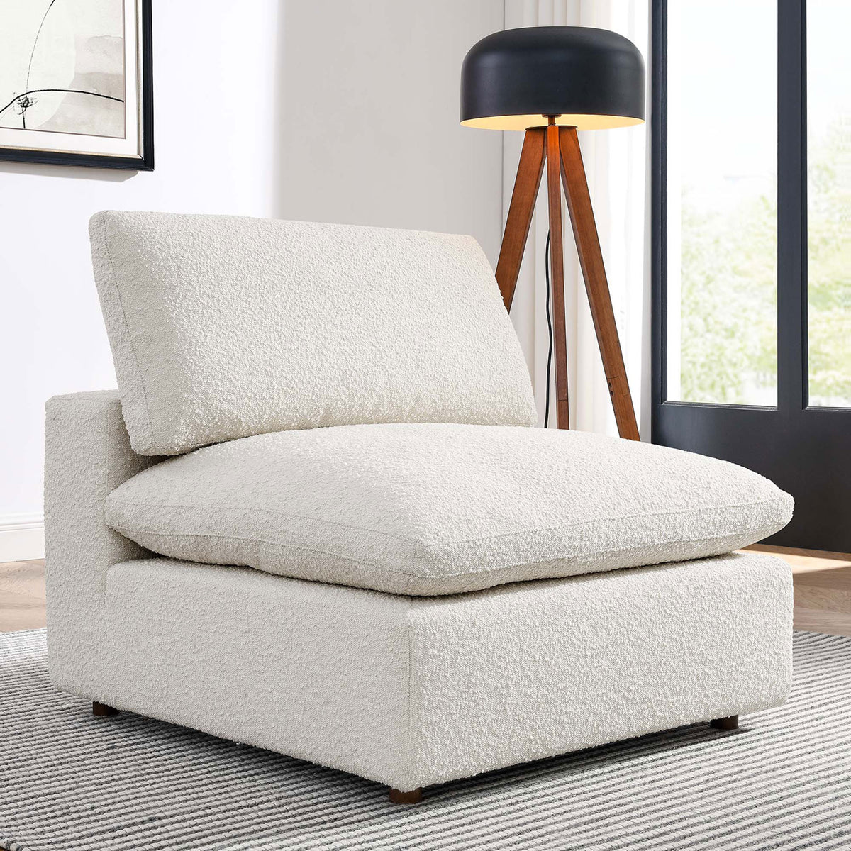 Inviting ivory chair warms the room with plush cushions and tactile boucle comfort || EEI-6257-IVO || front_angle_room