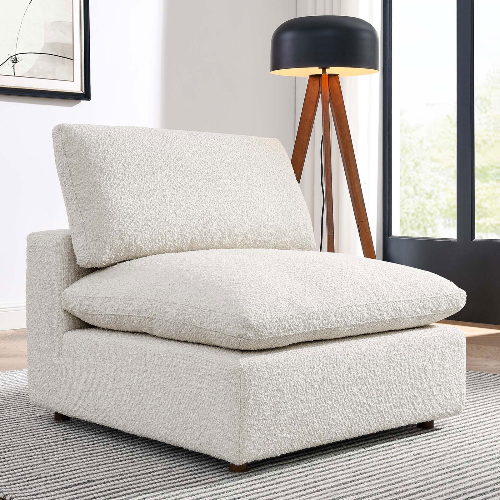Inviting ivory chair warms the room with plush cushions and tactile boucle comfort || EEI-6257-IVO || front_angle_room