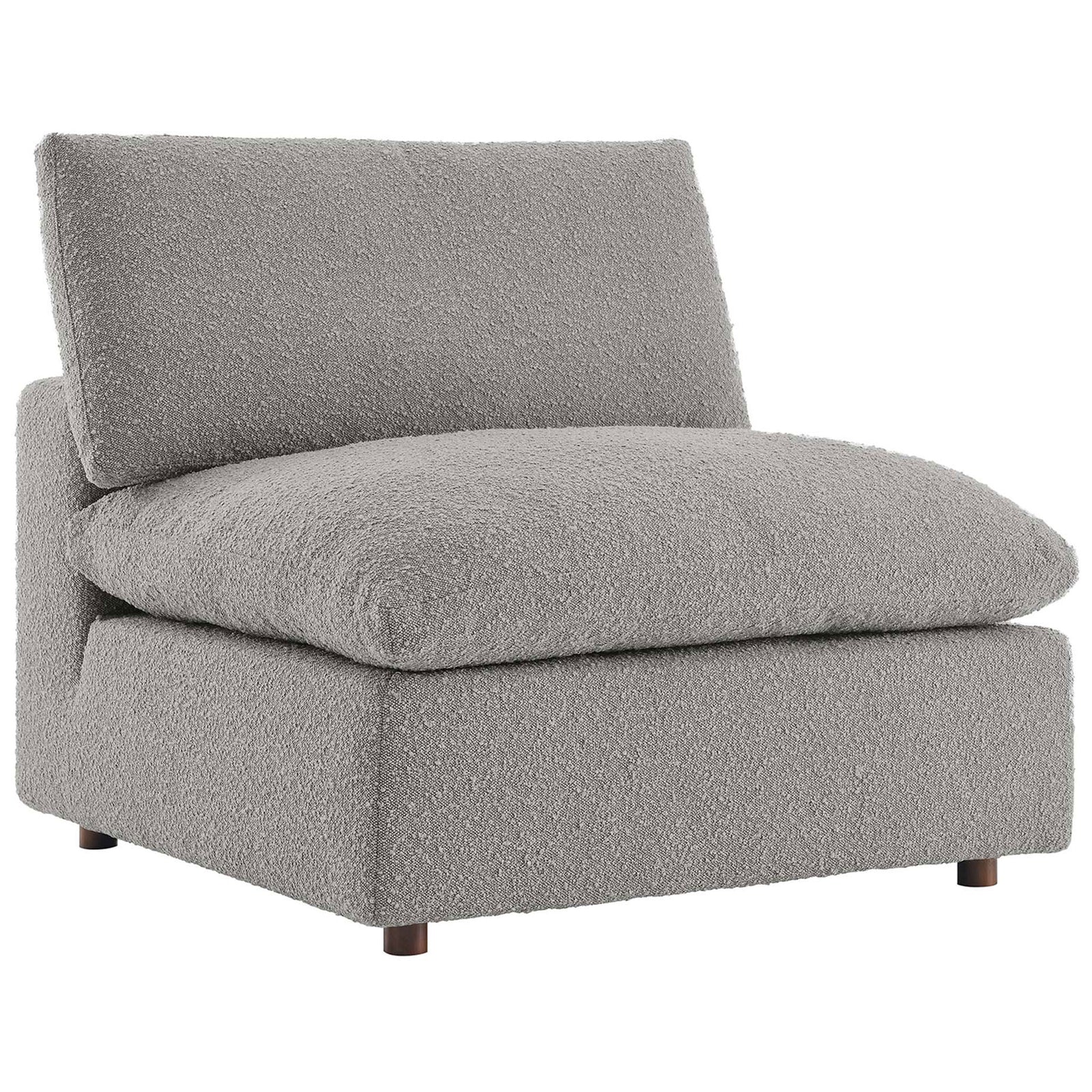 Generously padded light gray boucle armless chair with a plush, sink-in seat and supportive back || EEI-6257-LGR || front_angle_studio