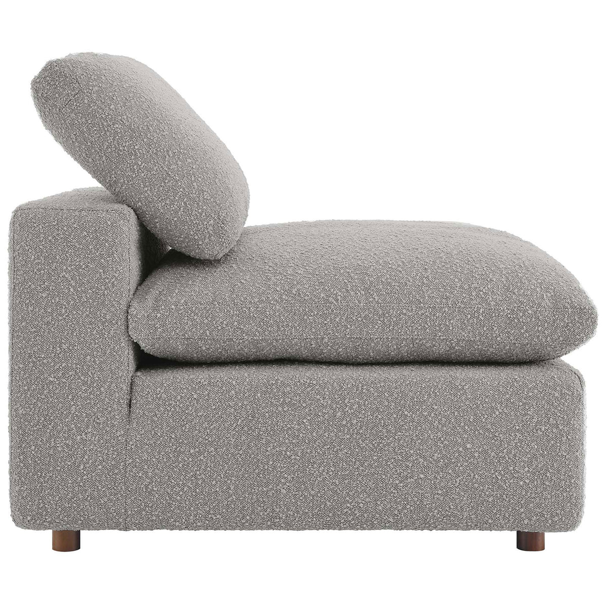 Thick seat cushion and gently reclined back in nubby light gray boucle upholstery || EEI-6257-LGR || side_studio