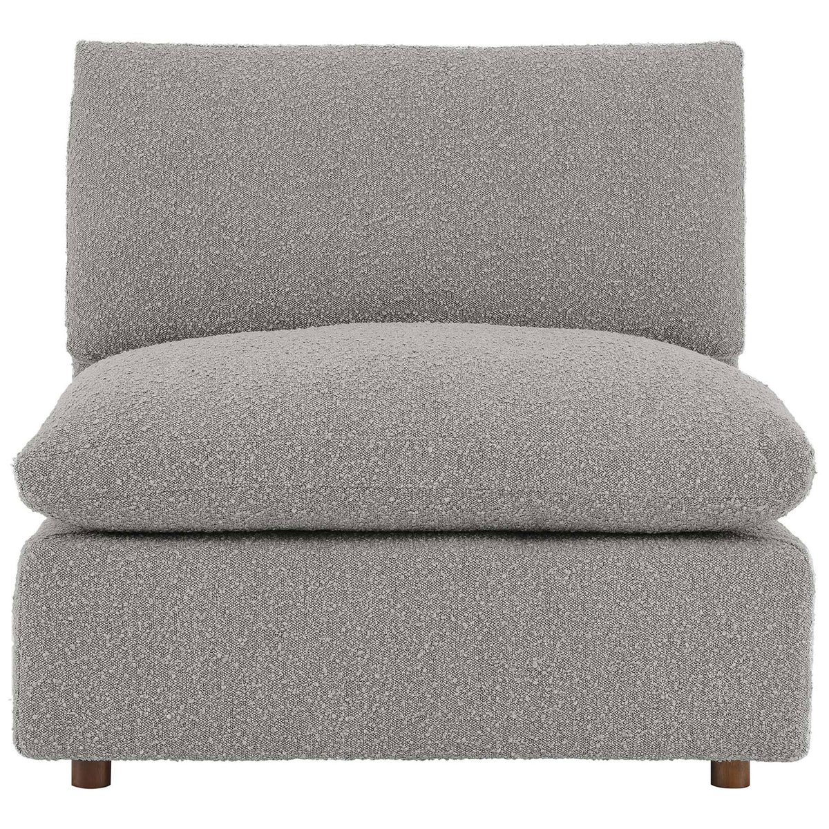 Deep-seated light gray boucle armless chair with overstuffed down cushions and lounge-worthy comfort || EEI-6257-LGR || front_studio
