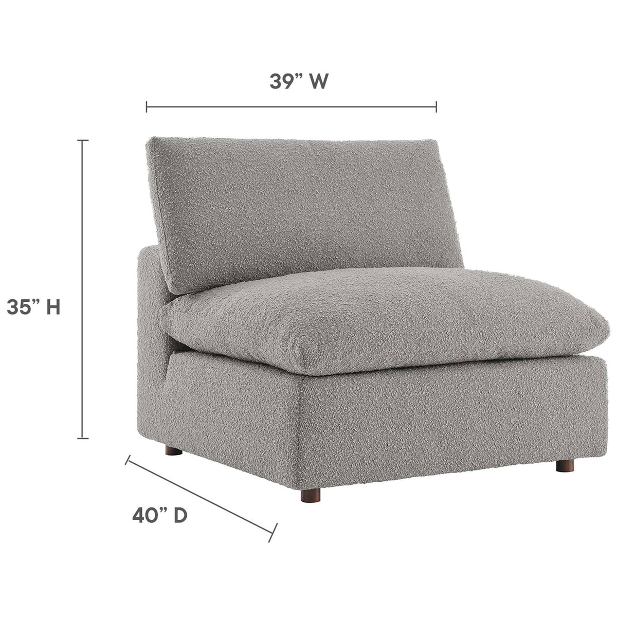 Spacious armless chair measuring 39 W x 40 D x 35 H in soft light gray boucle || EEI-6257-LGR || dimension_studio