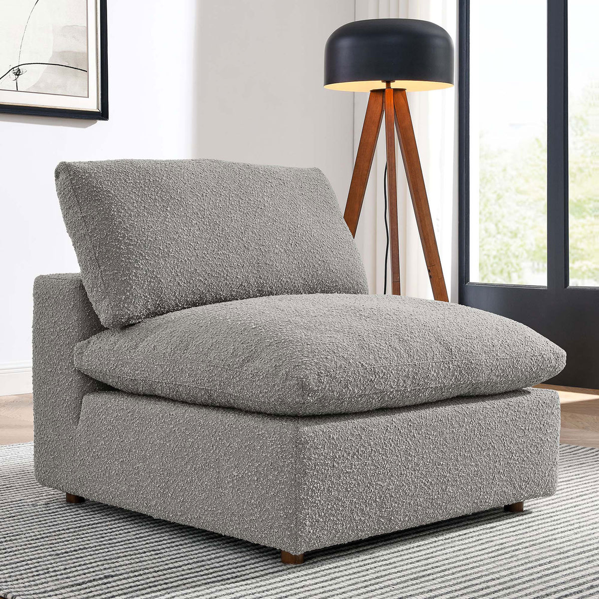 Light gray boucle armless chair brings modern comfort with an ultra-plush seat and balanced back support || EEI-6257-LGR || front_angle_room