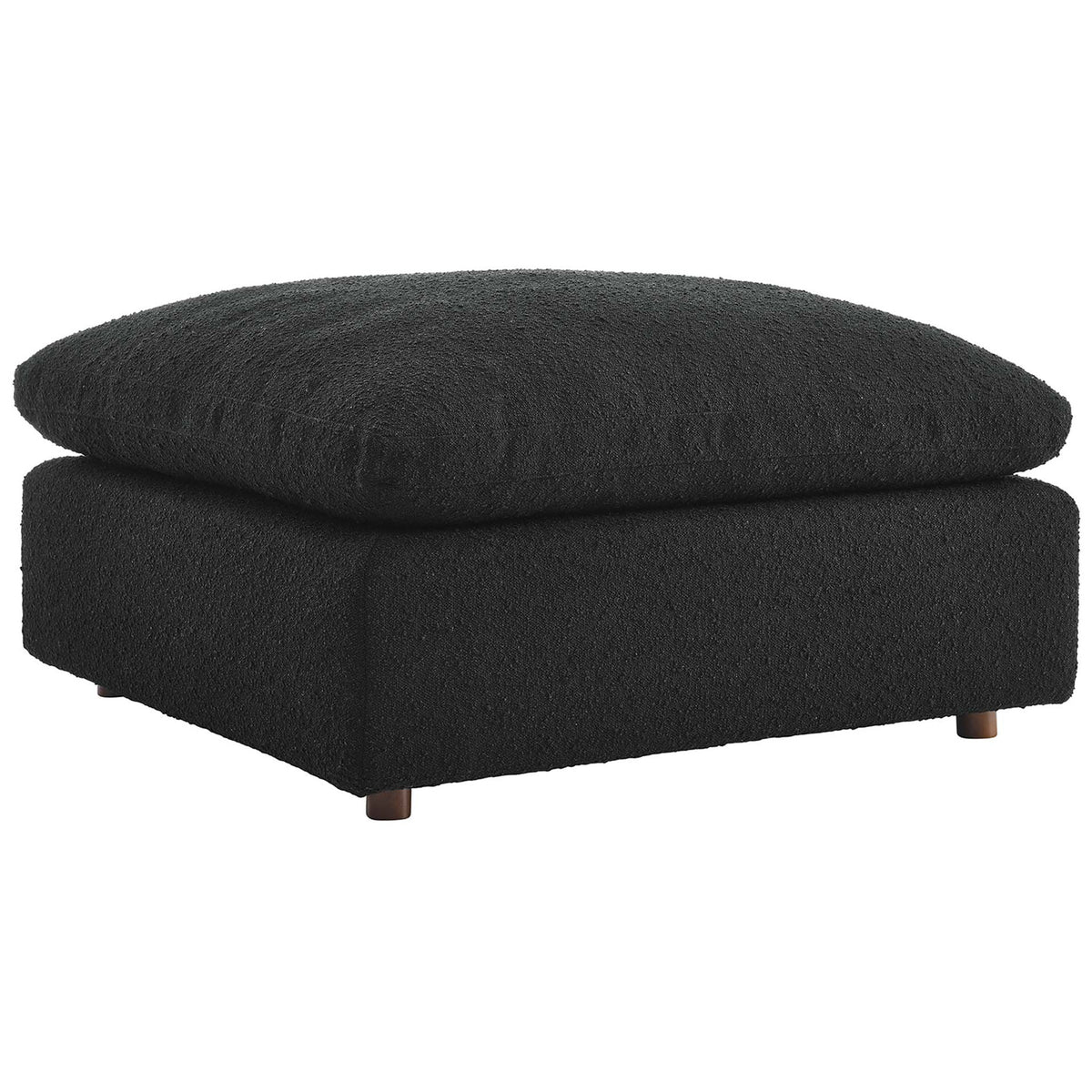 Plush black boucle ottoman with extra-deep cushion and modern low profile for relaxed lounging || EEI-6258-BLK || front_angle_studio