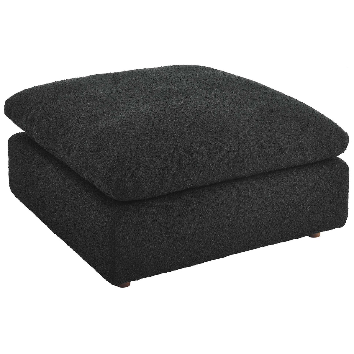 Square black boucle ottoman with broad cushioned top that invites laid-back lounging in any living space || EEI-6258-BLK || top_angle_studio