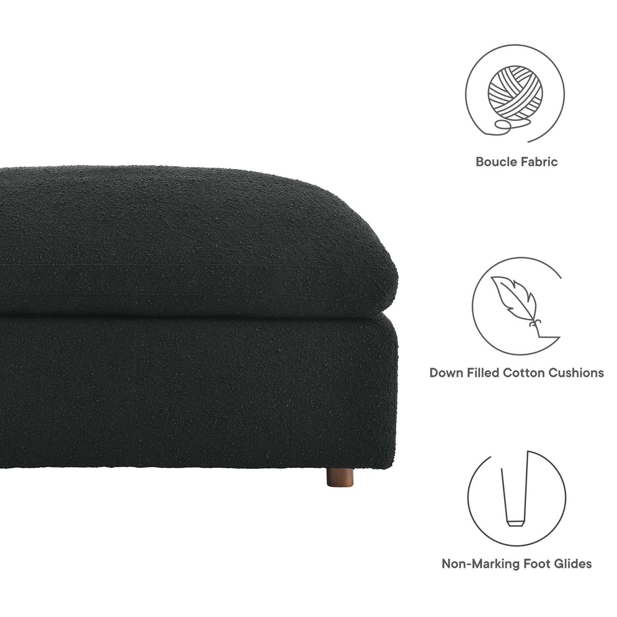 Black boucle ottoman featuring soft fabric, plush down cushions, and non-marking foot glides for easy placement || EEI-6258-BLK || callout_studio
