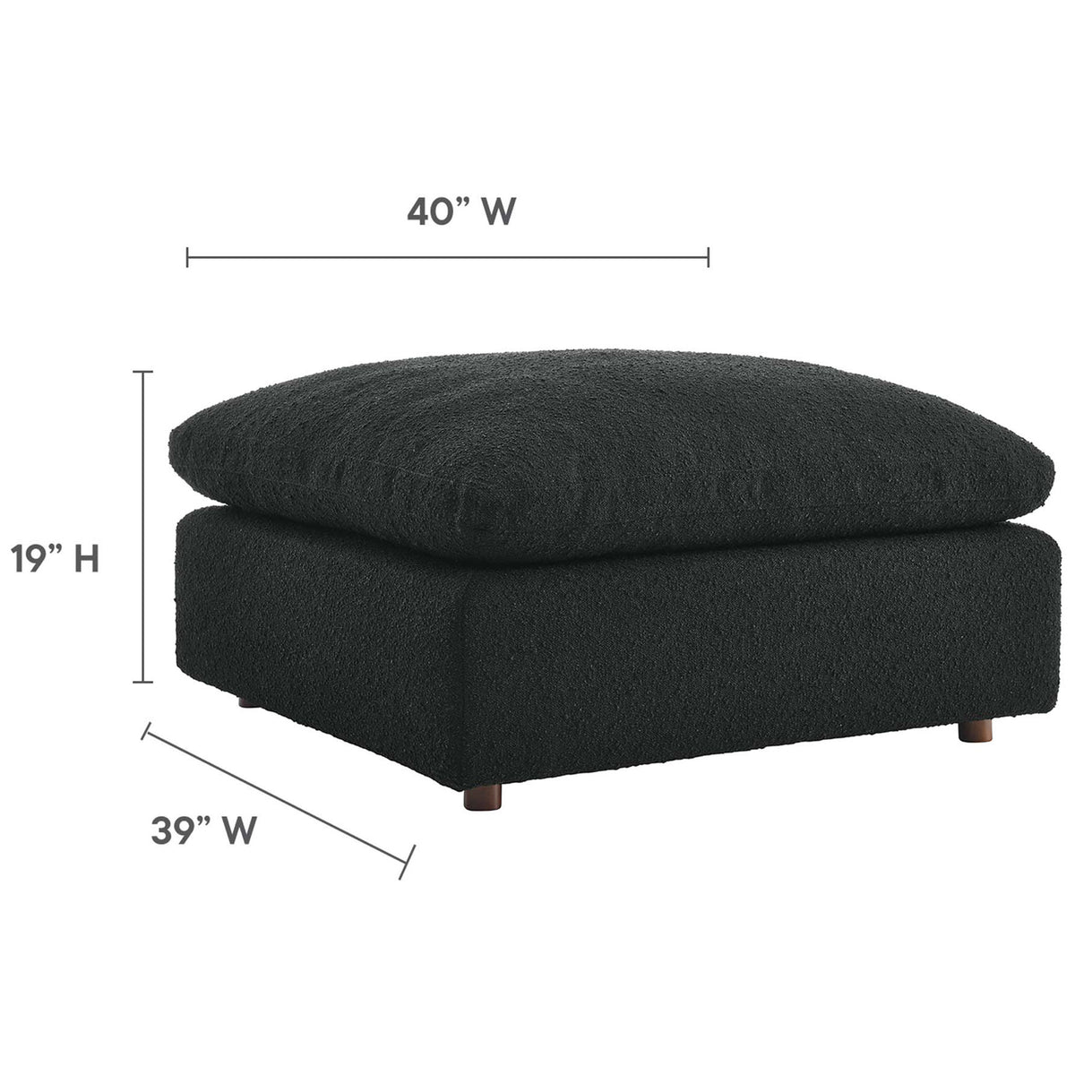 Black boucle ottoman sized for spacious lounging with clearly marked width, depth, and height dimensions || EEI-6258-BLK || dimension_studio
