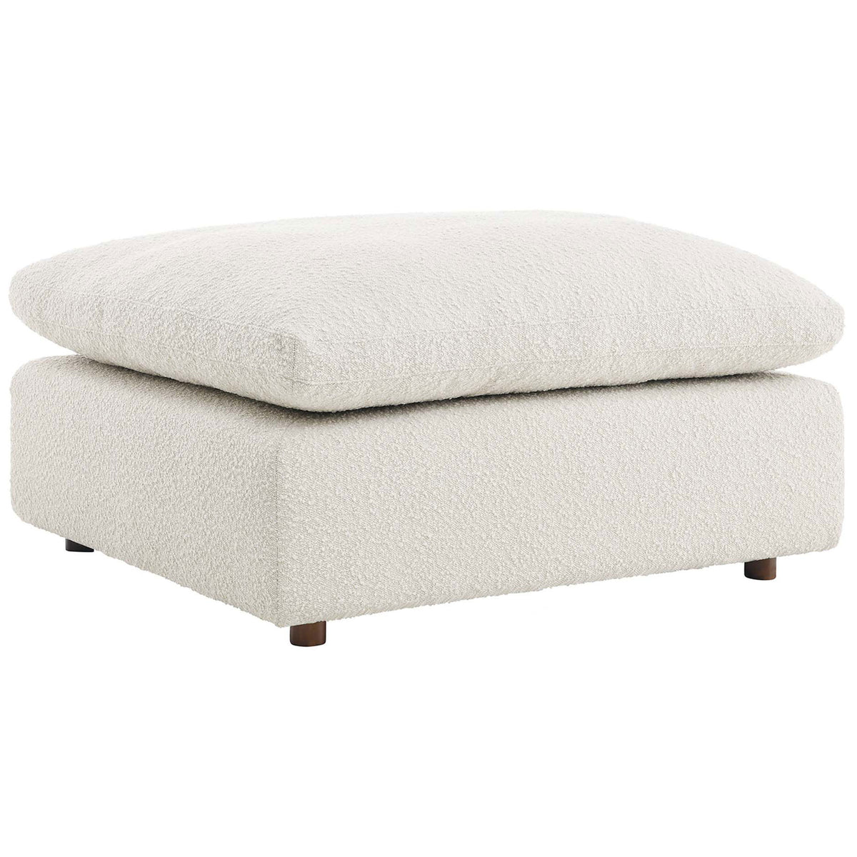 Plush ivory ottoman with deep, sink-in cushion and textured boucle fabric on a sturdy wood base. || EEI-6258-IVO || front_angle_studio