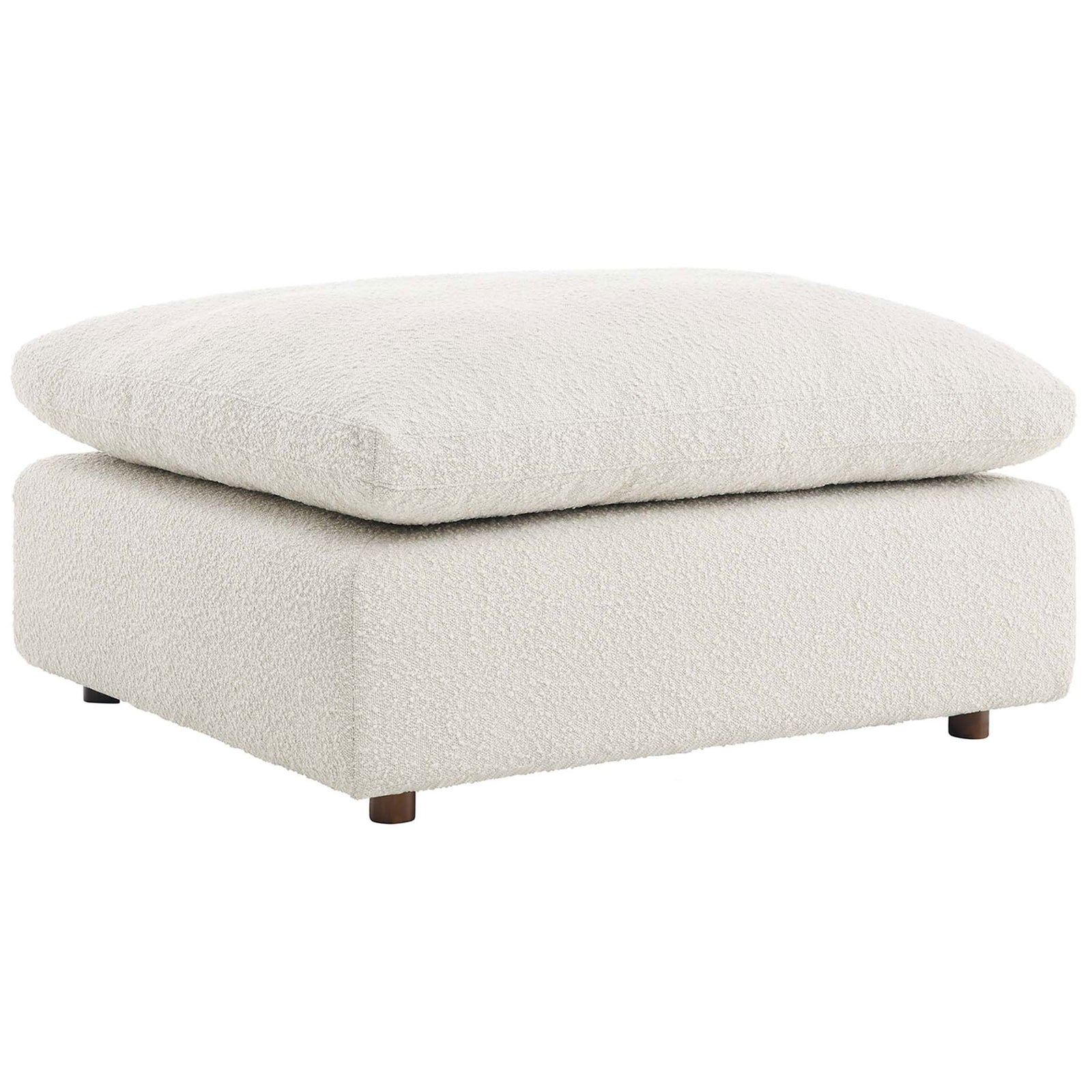 Plush ivory ottoman with deep, sink-in cushion and textured boucle fabric on a sturdy wood base. || EEI-6258-IVO || front_angle_studio