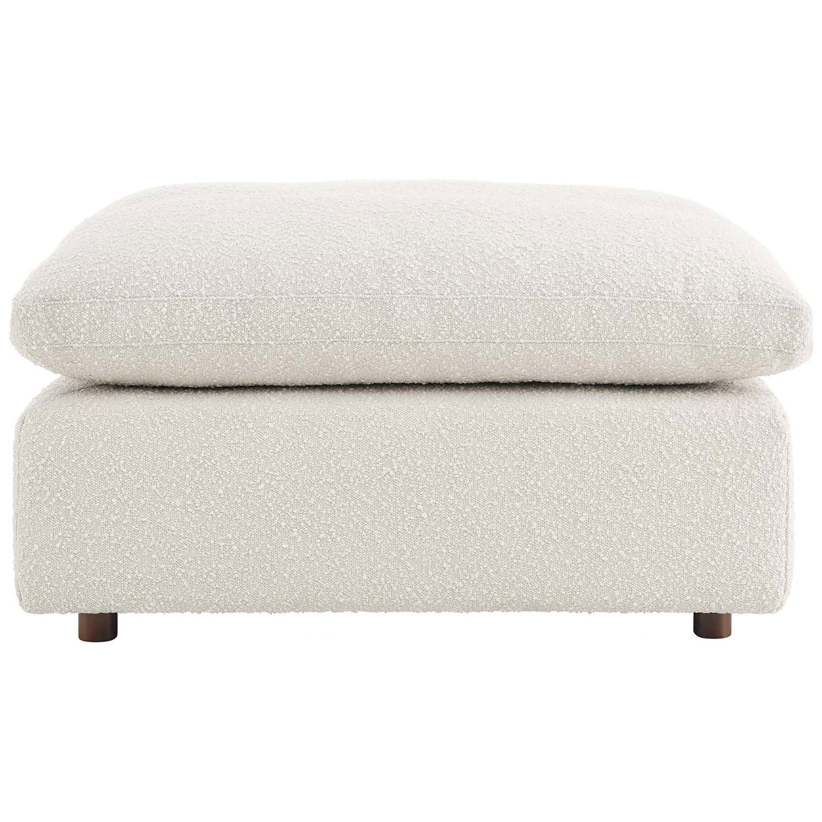 Ivory boucle ottoman with oversized down-filled cushion and clean, low-profile silhouette. || EEI-6258-IVO || front_studio