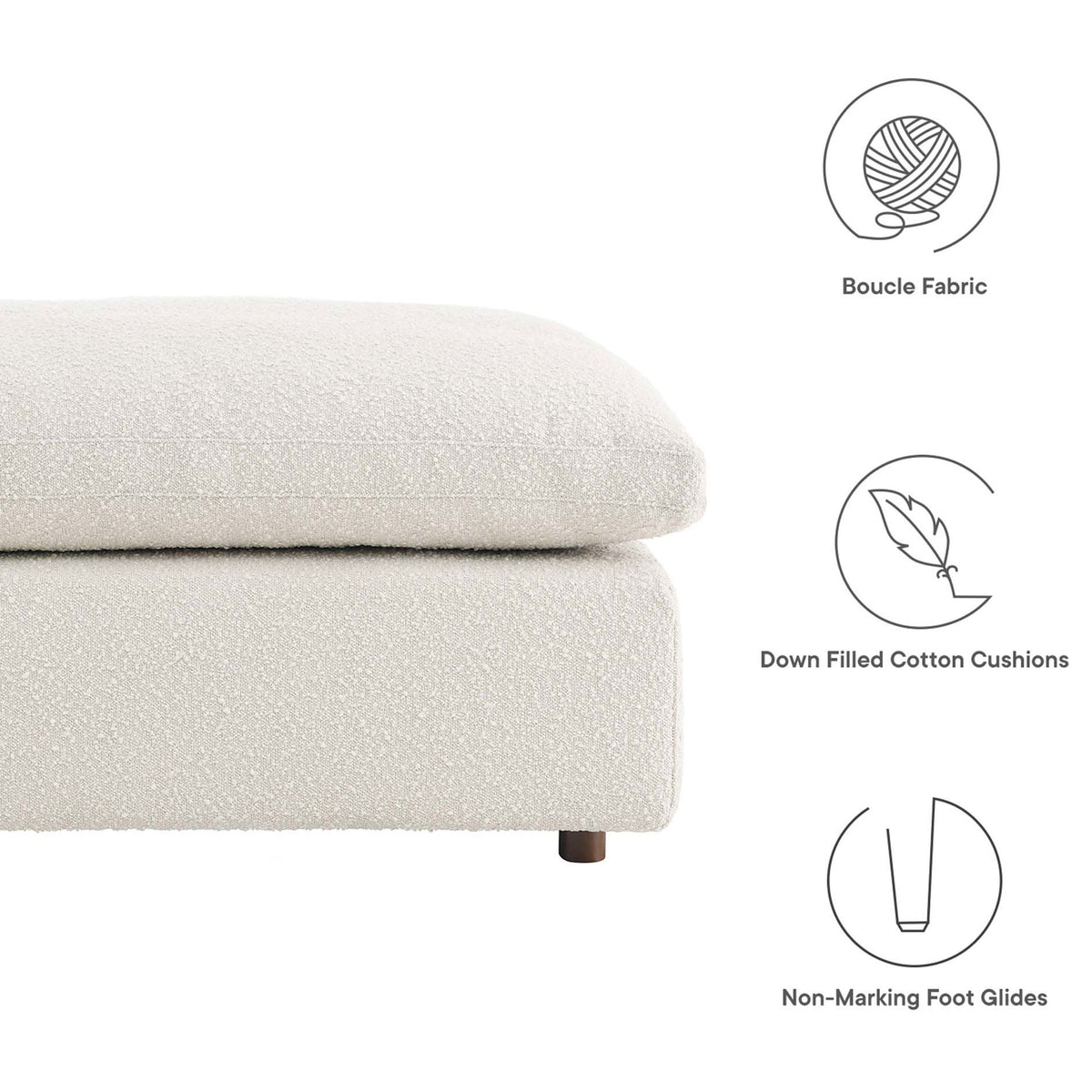 Boucle ivory ottoman featuring down-filled cushions, soft texture, and non-marking plastic foot glides. || EEI-6258-IVO || callout_studio
