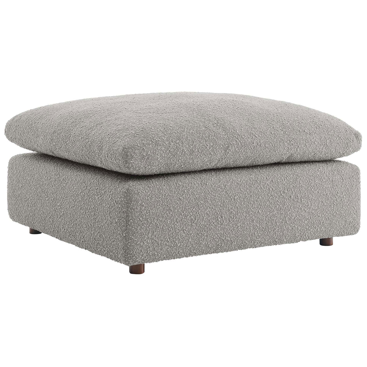 Plush light gray boucle ottoman with deep, sink-in cushion for relaxed modern living spaces || EEI-6258-LGR || front_angle_studio
